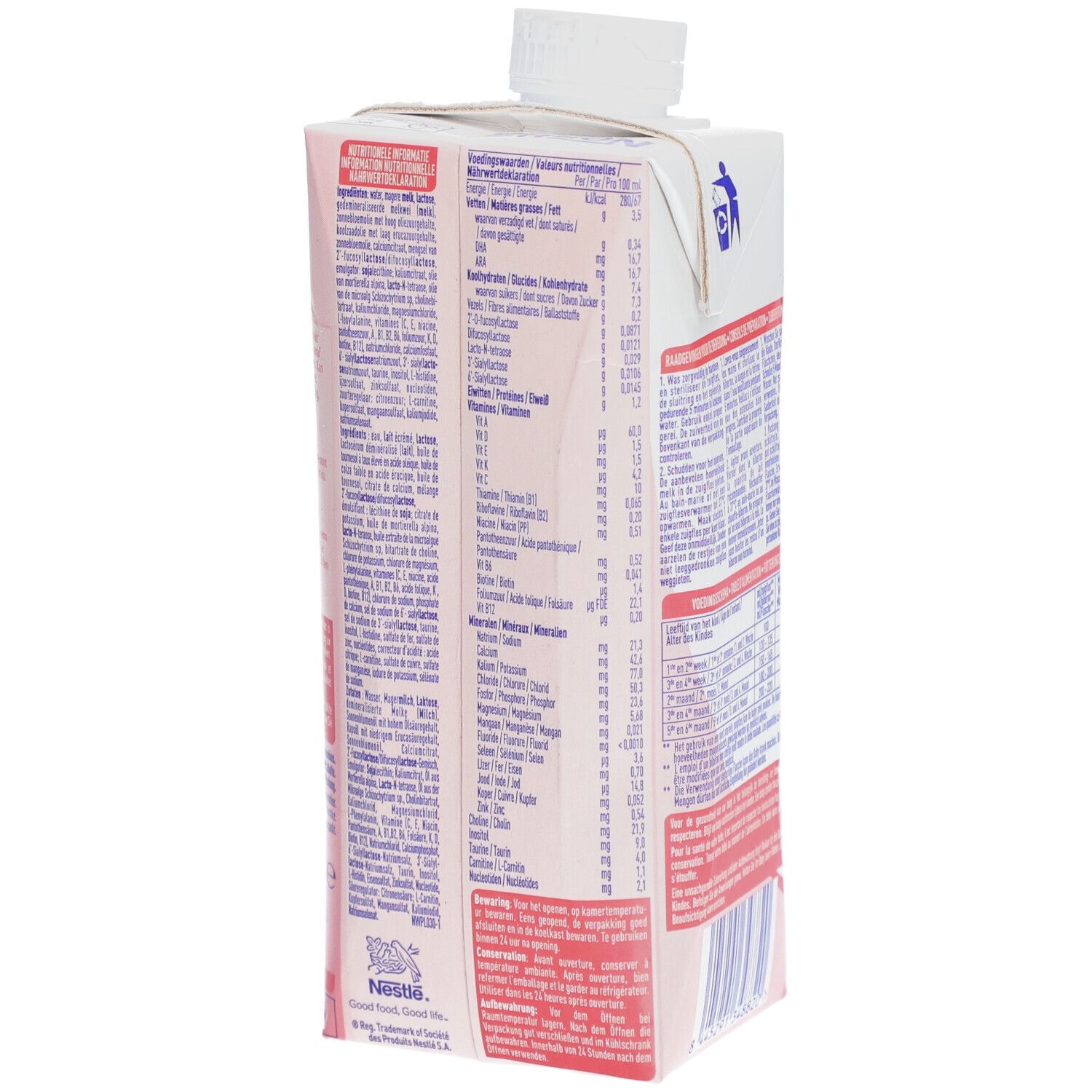 NAN Evolia 1 Tetrapack. Dos avec textes multilingues. Bouchon à vis. Informations nutritionnelles.