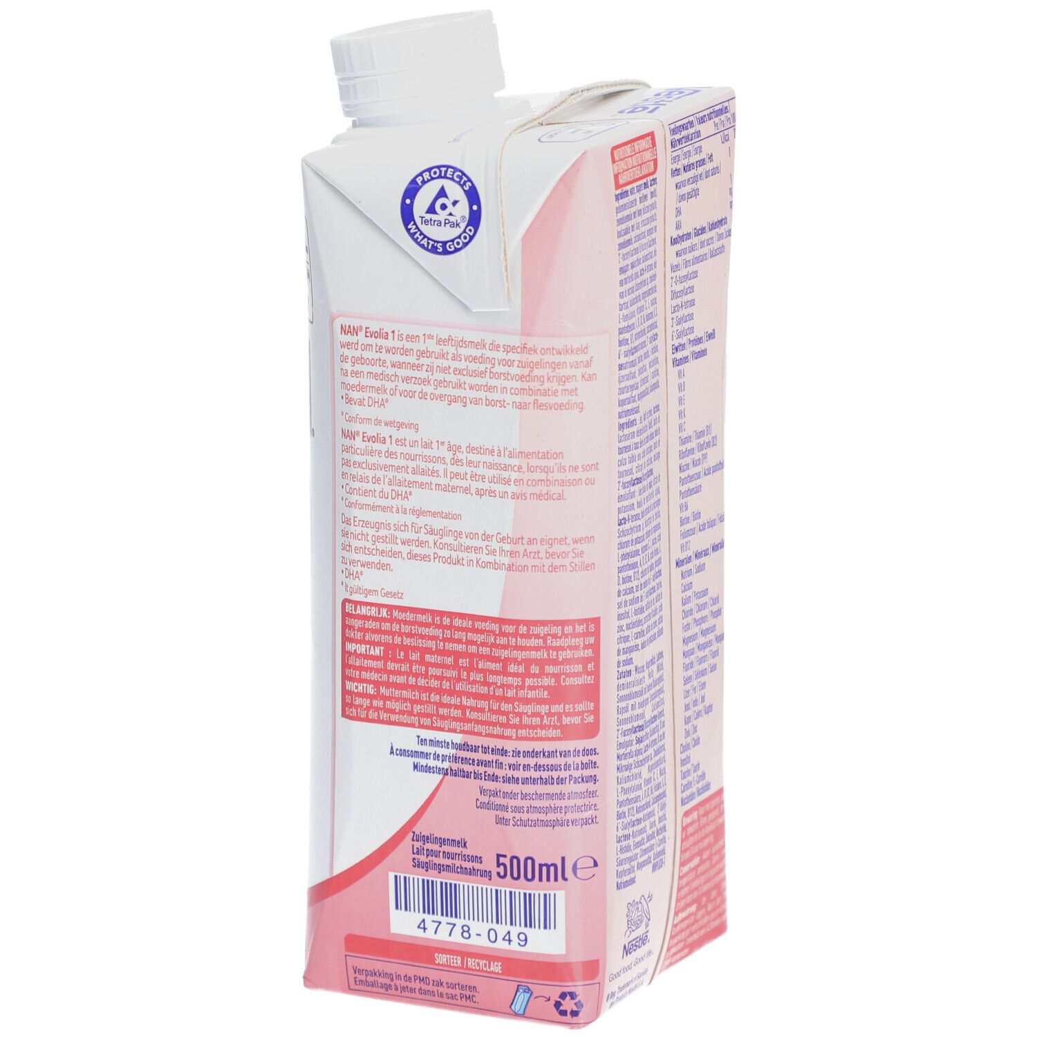 NAN Evolia 1 Tetrapack. Dos avec textes multilingues. Bouchon à vis. Inscription : label de qualité.