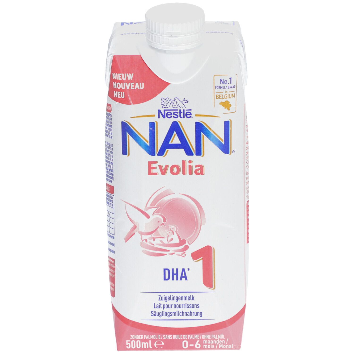 NAN Evolia 1 lait pour nourrissons. Emballage Tetrapack avec bouchon à vis. Inscriptions : DHA, 1, 500ml, 0-6 mois. Logo : Nestlé.