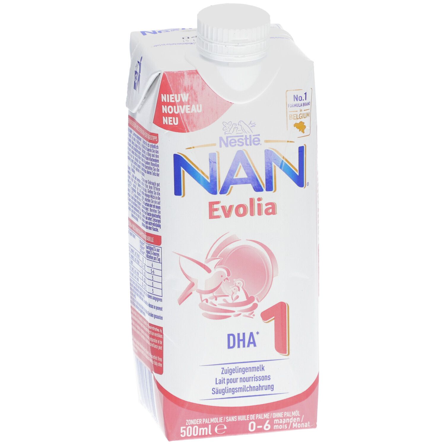 NAN Evolia 1 lait pour nourrissons. Emballage Tetrapack avec bouchon à vis. Inscriptions : DHA, 1, 500ml, 0-6 mois. Logo : Nestlé.