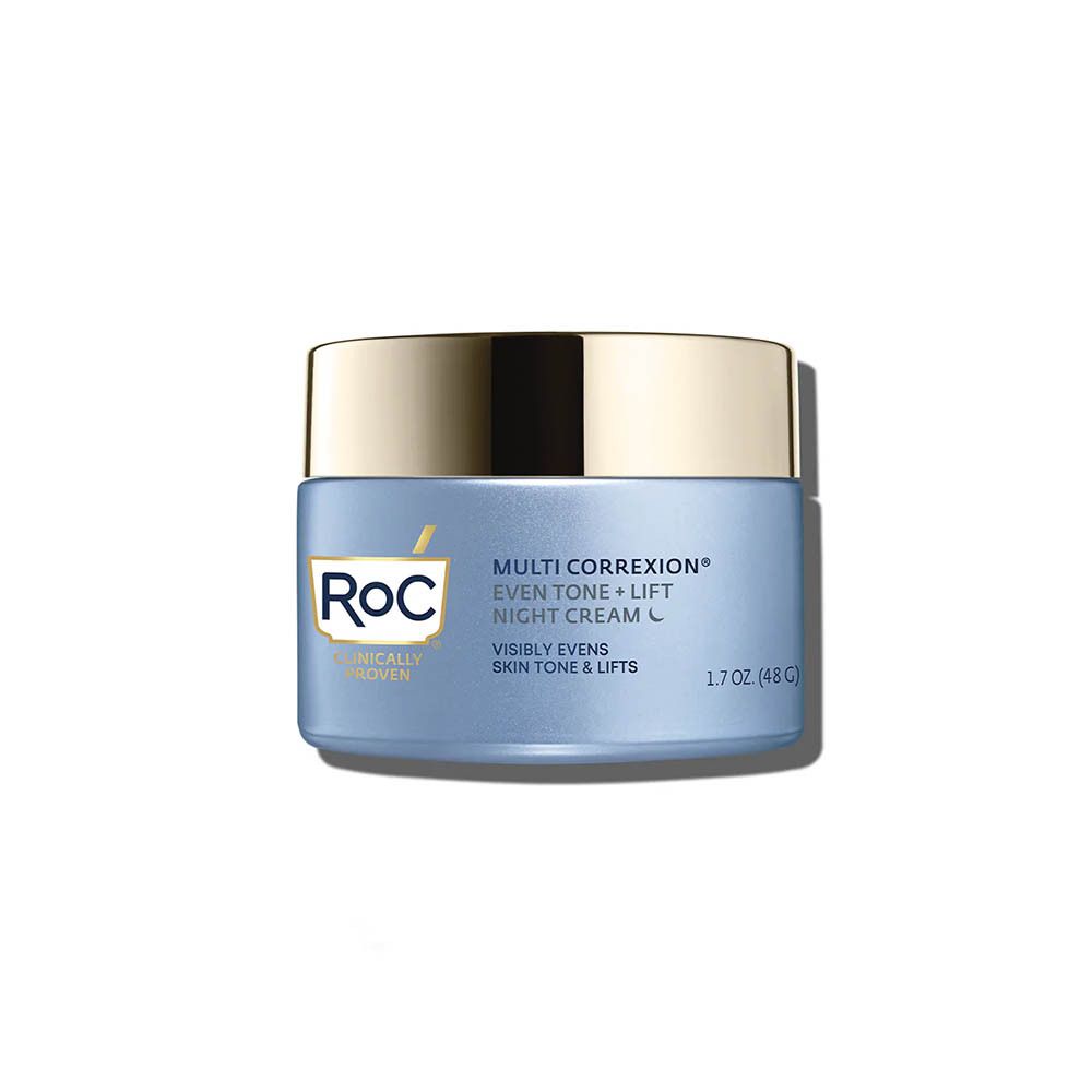 Pot bleu avec couvercle argenté. Inscription: RoC, Multi Correxion, Even Tone + Lift, Crème de nuit, 1.7 oz (48g).