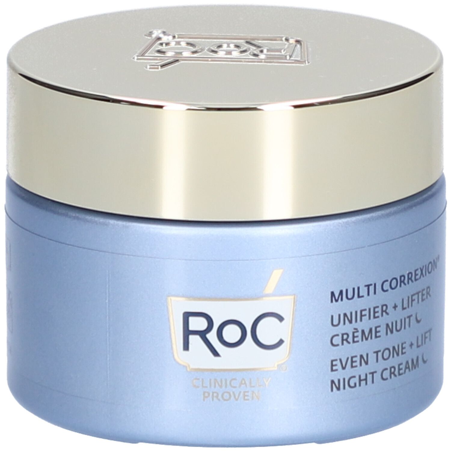 Blaues Tiegel mit silbernem Deckel. Aufschrift: RoC, Multi Correxion, Even Tone+Lift, Nachtcreme. Klinisch bewiesen.
