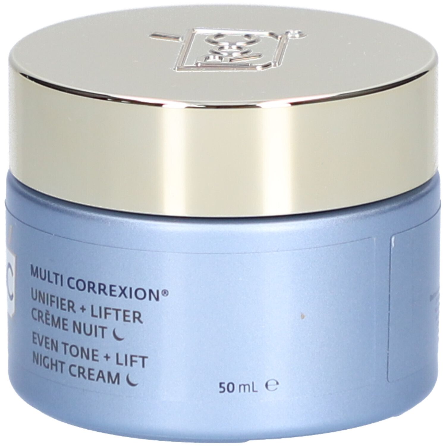 Blauer Tiegel mit silbernem Deckel. Aufschrift: Multi Correxion, Unifier + Lifter, Crème Nuit, Even Tone + Lift, Night Cream, 50 ml.