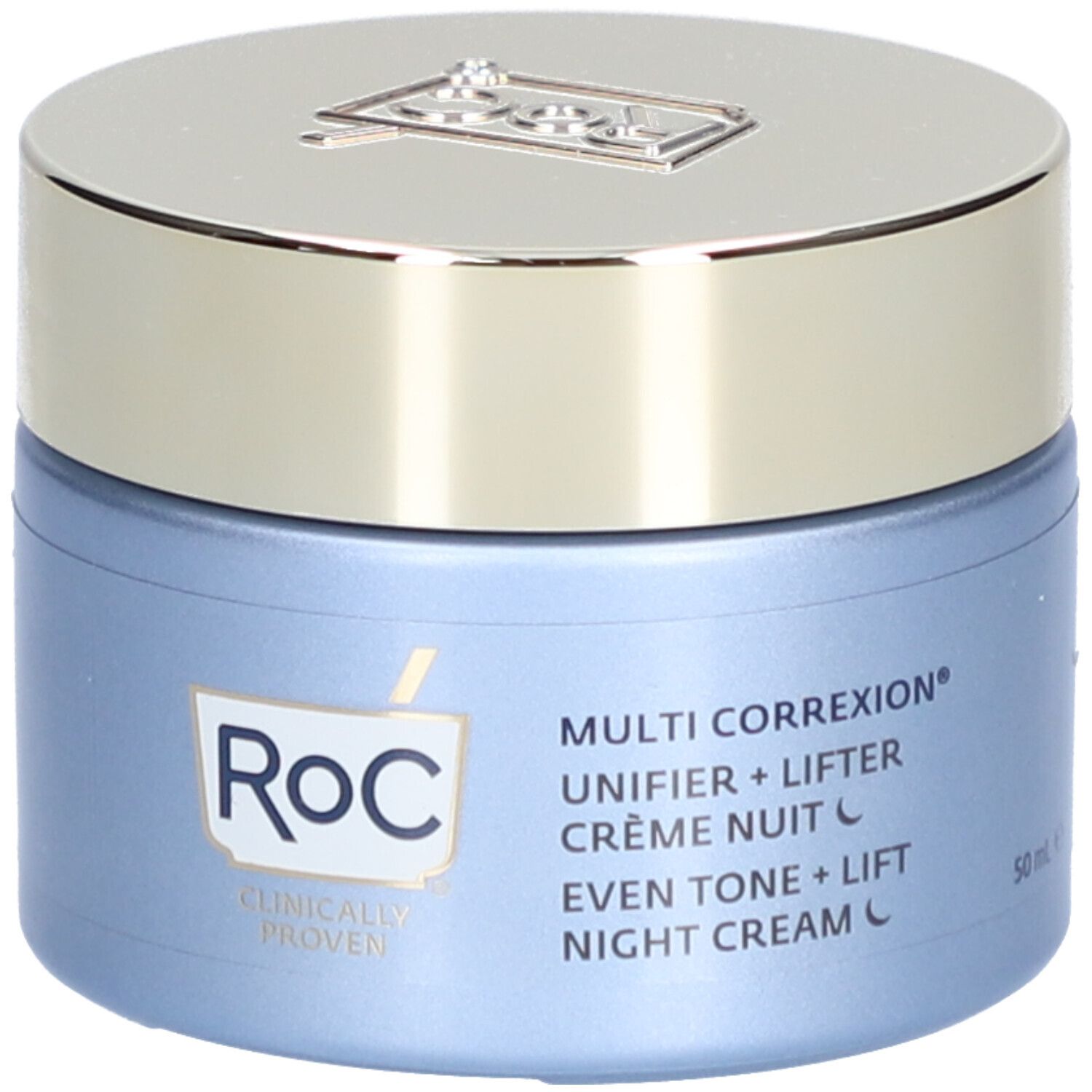 Blauer Tiegel mit silbernem Deckel. Aufschrift: RoC, Multi Correxion, Even Tone + Lift, Night Cream, Klinisch bewiesen, 50 ml.
