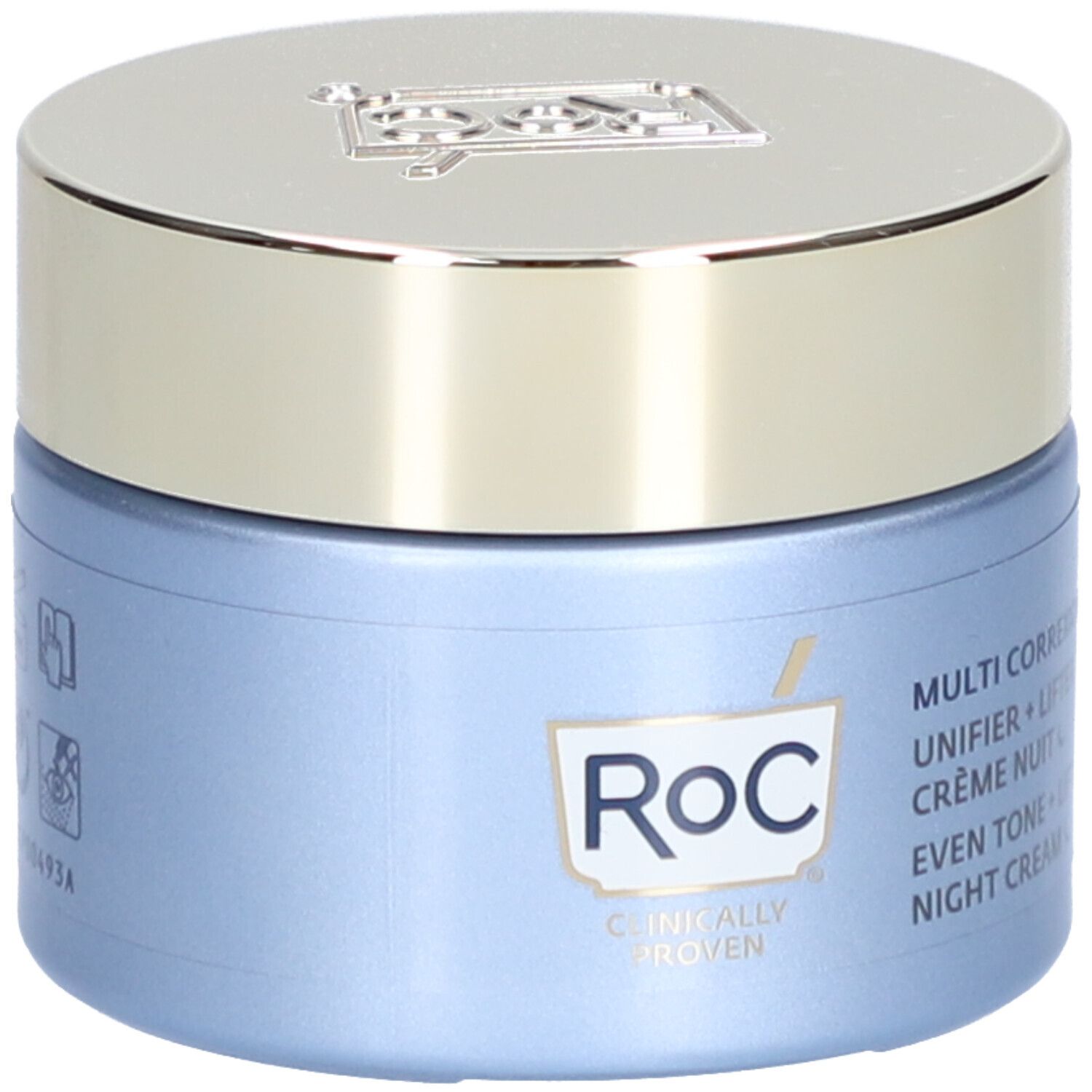 Blauer Tiegel mit silbernem Deckel. Aufschrift: RoC, Multi Correxion, Even Tone + Lift, Night Cream, Klinisch bewiesen, 50 ml.