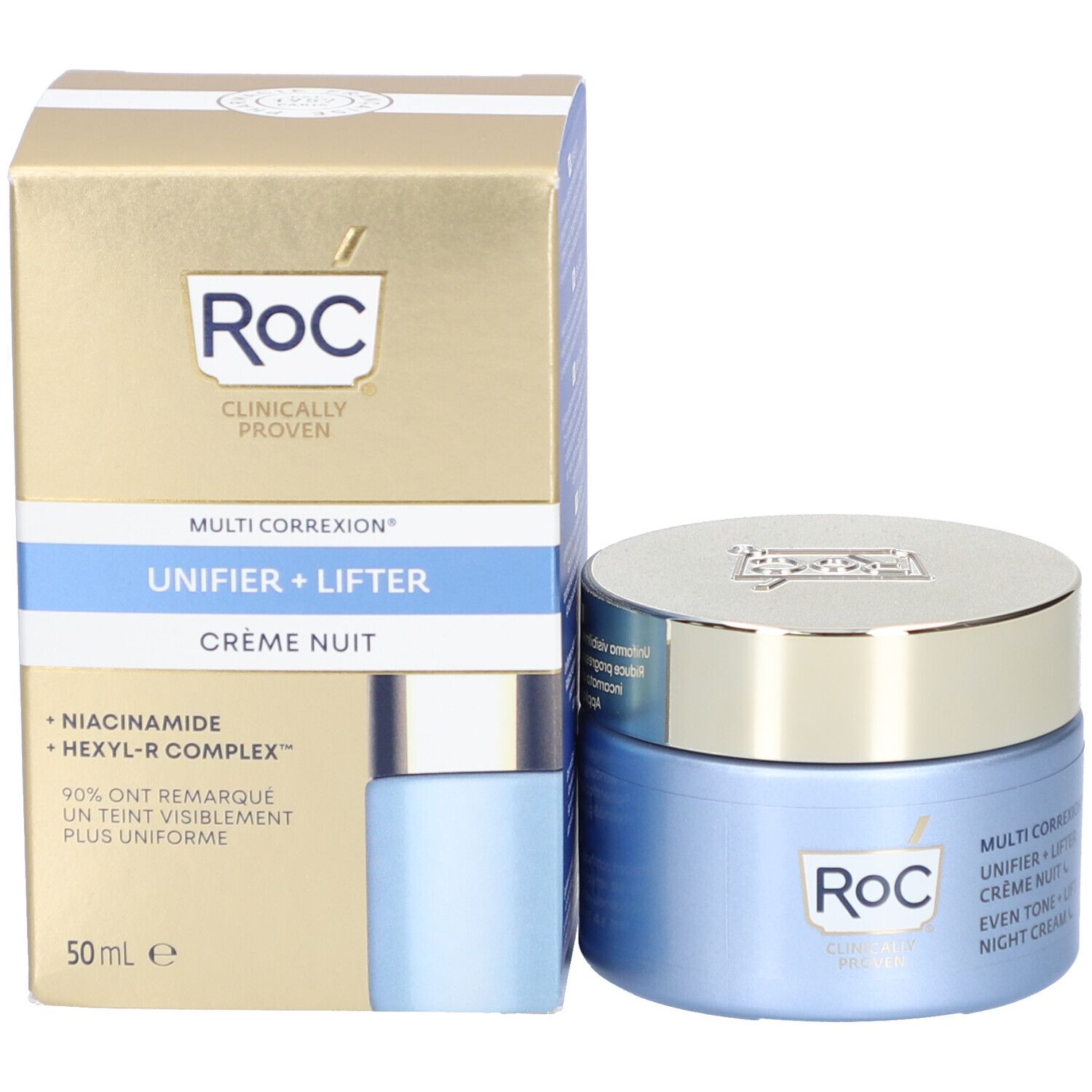Produktverpackung und Tiegel. Aufschrift: RoC, Multi Correxion, Unifier + Lifter, Crème Nuit, 50 ml. Enthält Niacinamid.