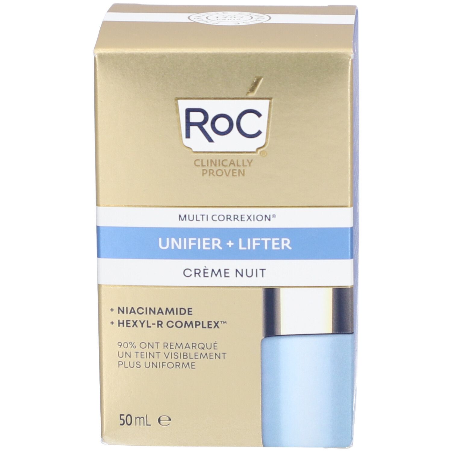 Produktverpackung. Aufschrift: RoC, Multi Correxion, Unifier + Lifter, Crème Nuit, 50 ml. Enthält Niacinamid.
