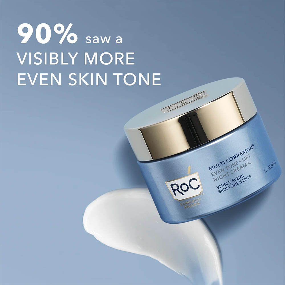 Produit et texte. Inscription: 90% ont vu un teint visiblement plus uniforme. Produit: RoC Multi Correxion Crème de nuit.