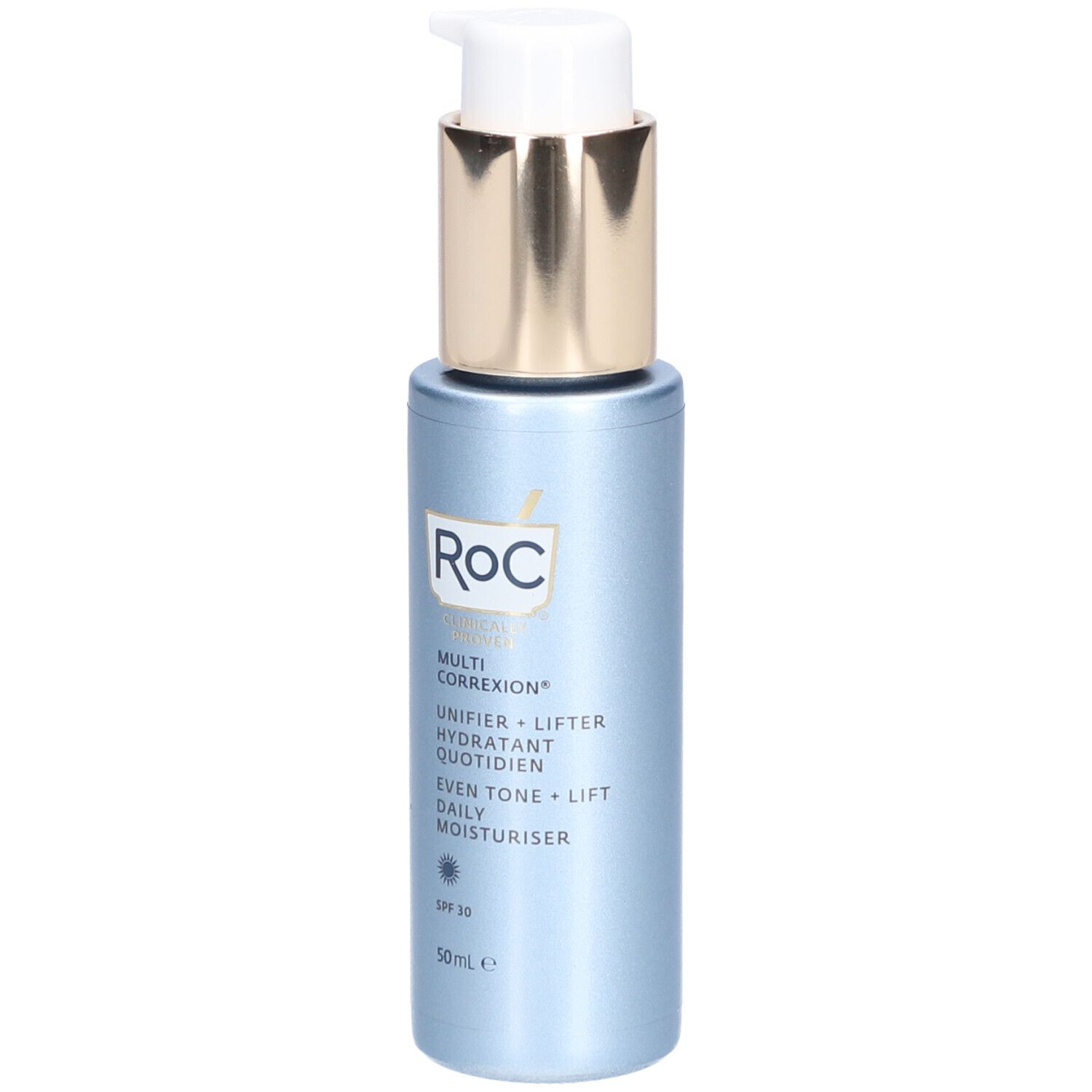 Blau-silberne Flasche mit Pumpe. Aufschrift: Roc Multi Correxion Even Tone+Lift Daily Moisturiser SPF30.