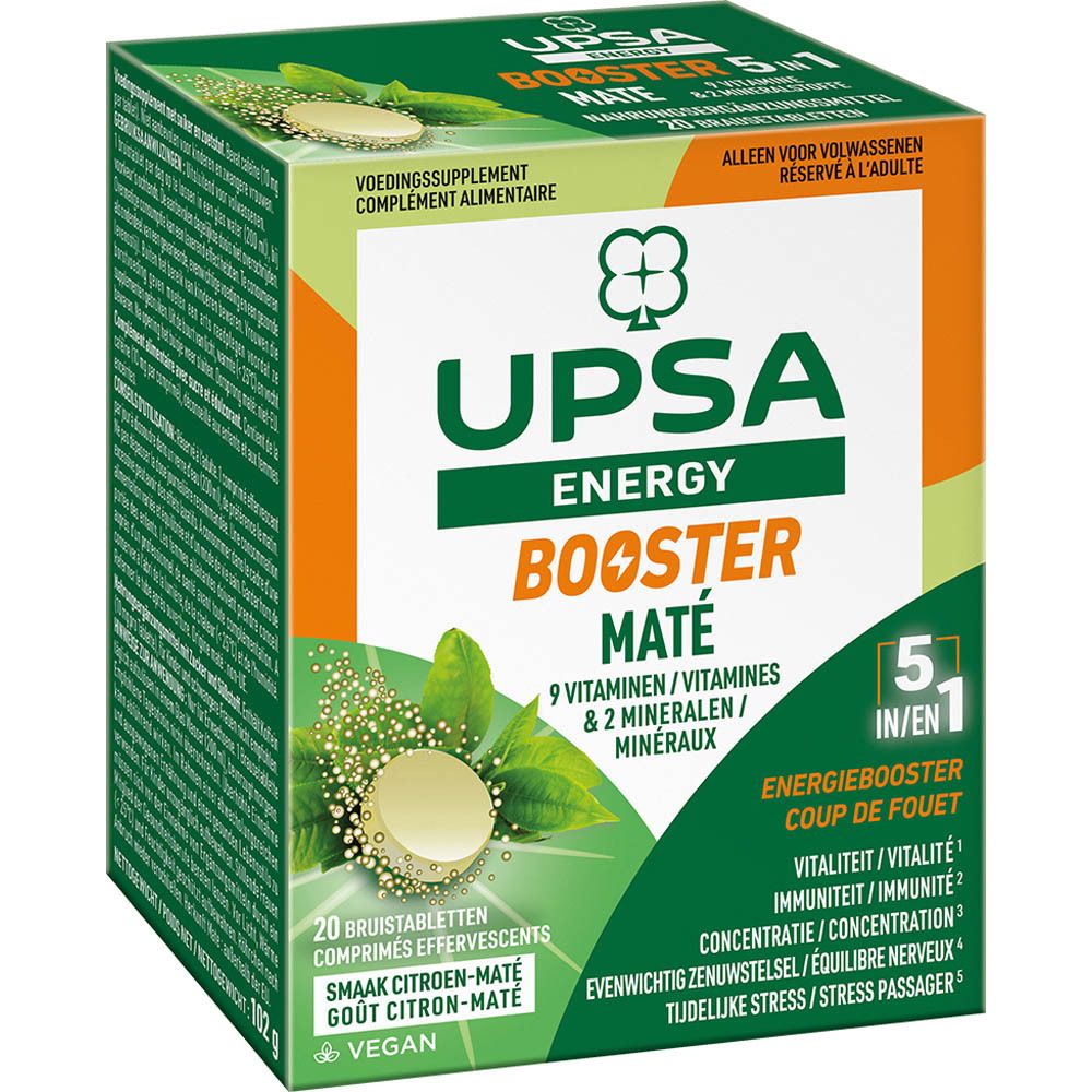 Boîte UPSA Energy Booster Maté. Contient 20 comprimés effervescents. 5 en 1. Vegan.
