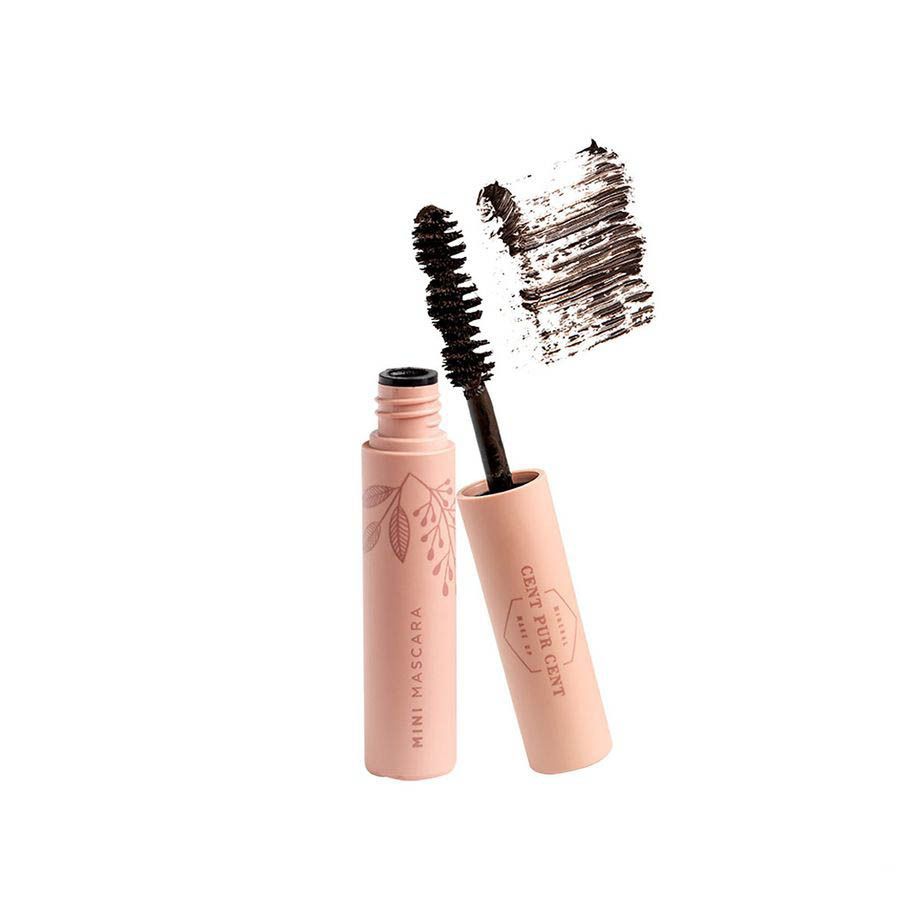 Mini mascara rose, brosse noire et trace de couleur. Inscription: MINI MASCARA.