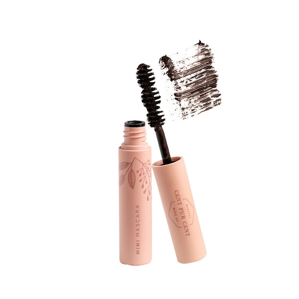 Mini mascara rose, brosse noire et trace de couleur. Inscription: MINI MASCARA.