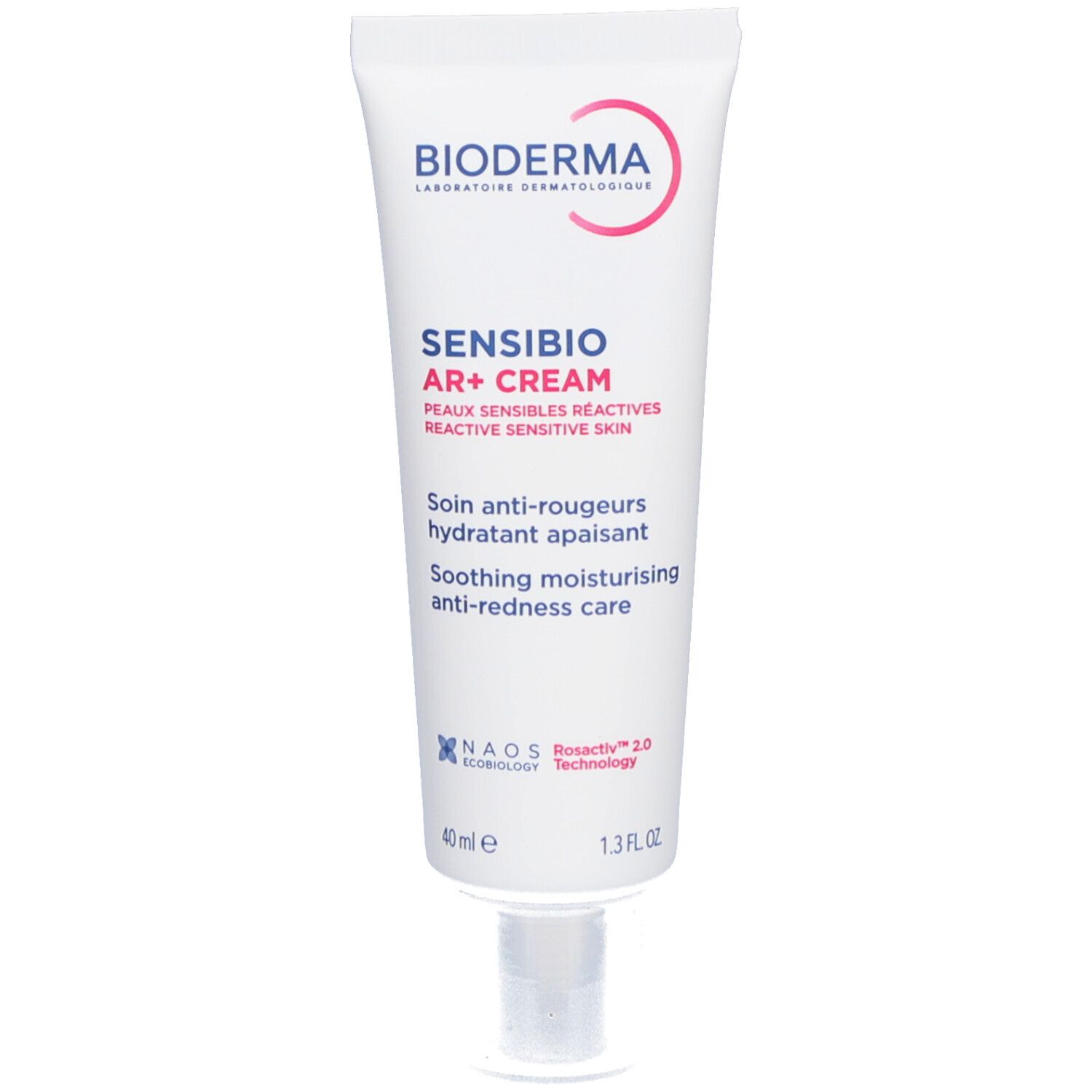 Tube de crème Bioderma Sensibio AR+ Cream. Texte en français. 40ml, 1.3 FL.OZ. Fond blanc.