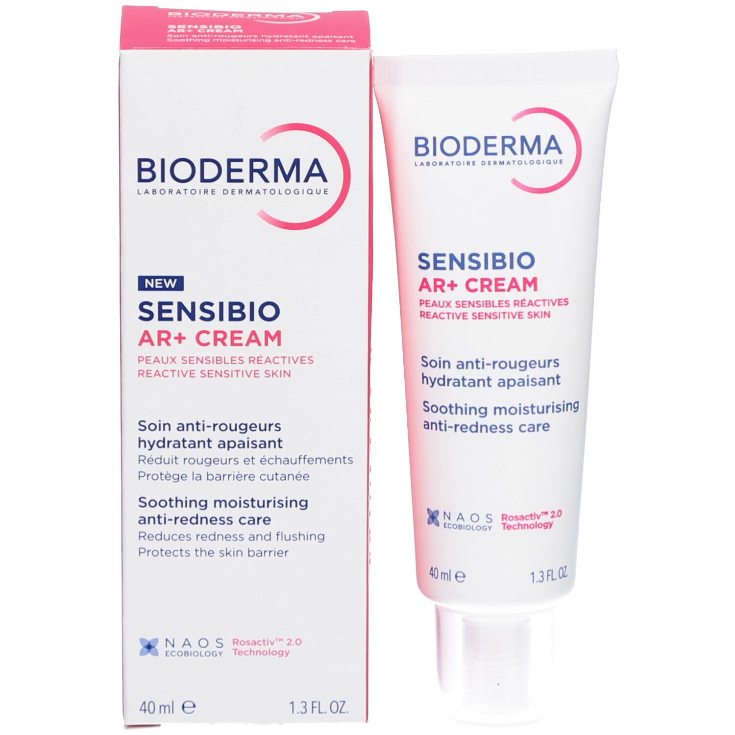 Bioderma Sensibio AR+ Cream et emballage. Texte en français. 40ml, 1.3 FL.OZ. Rose et blanc.