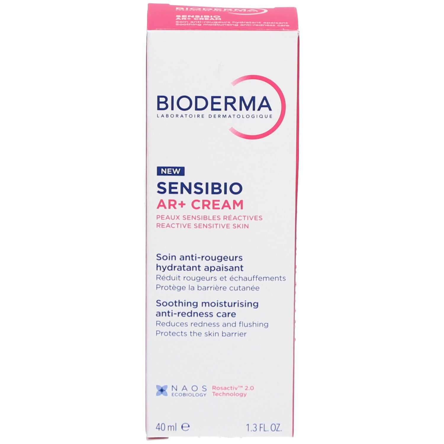 Emballage Bioderma Sensibio AR+ Cream. Texte en français. Rose et blanc.