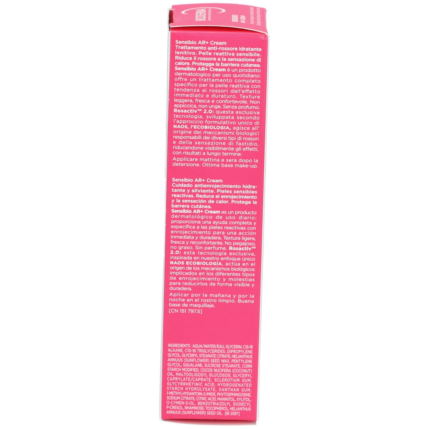 Côté de l'emballage Bioderma Sensibio AR+ Cream. Texte en français. Rose et blanc.