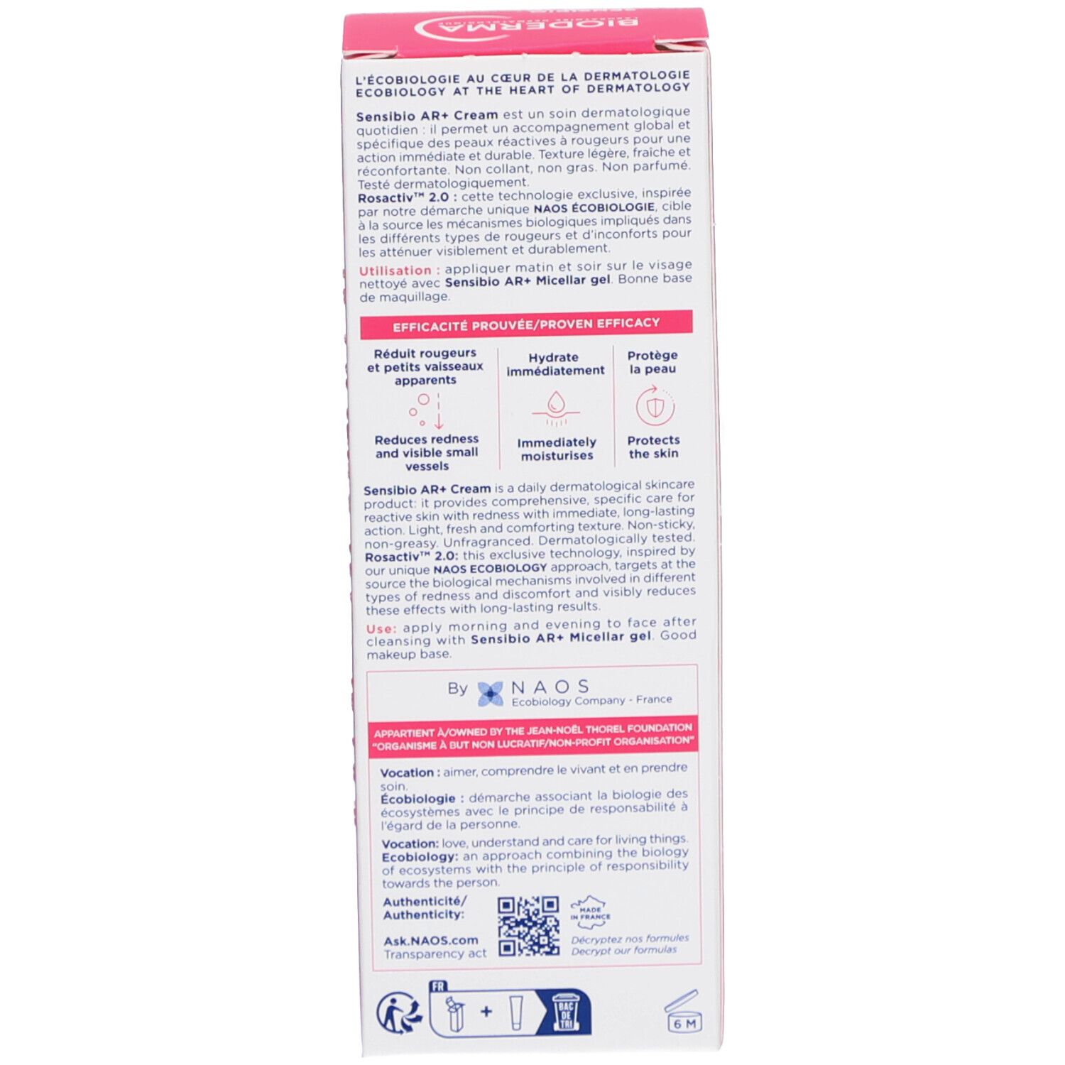 Dos de l'emballage Bioderma Sensibio AR+ Cream. Texte en français. Rose et blanc.