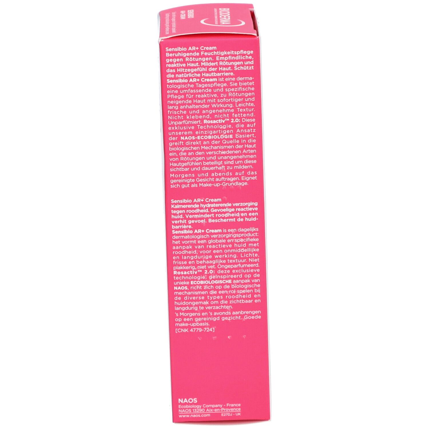 Côté de l'emballage Bioderma Sensibio AR+ Cream. Texte en allemand. Rose et blanc.