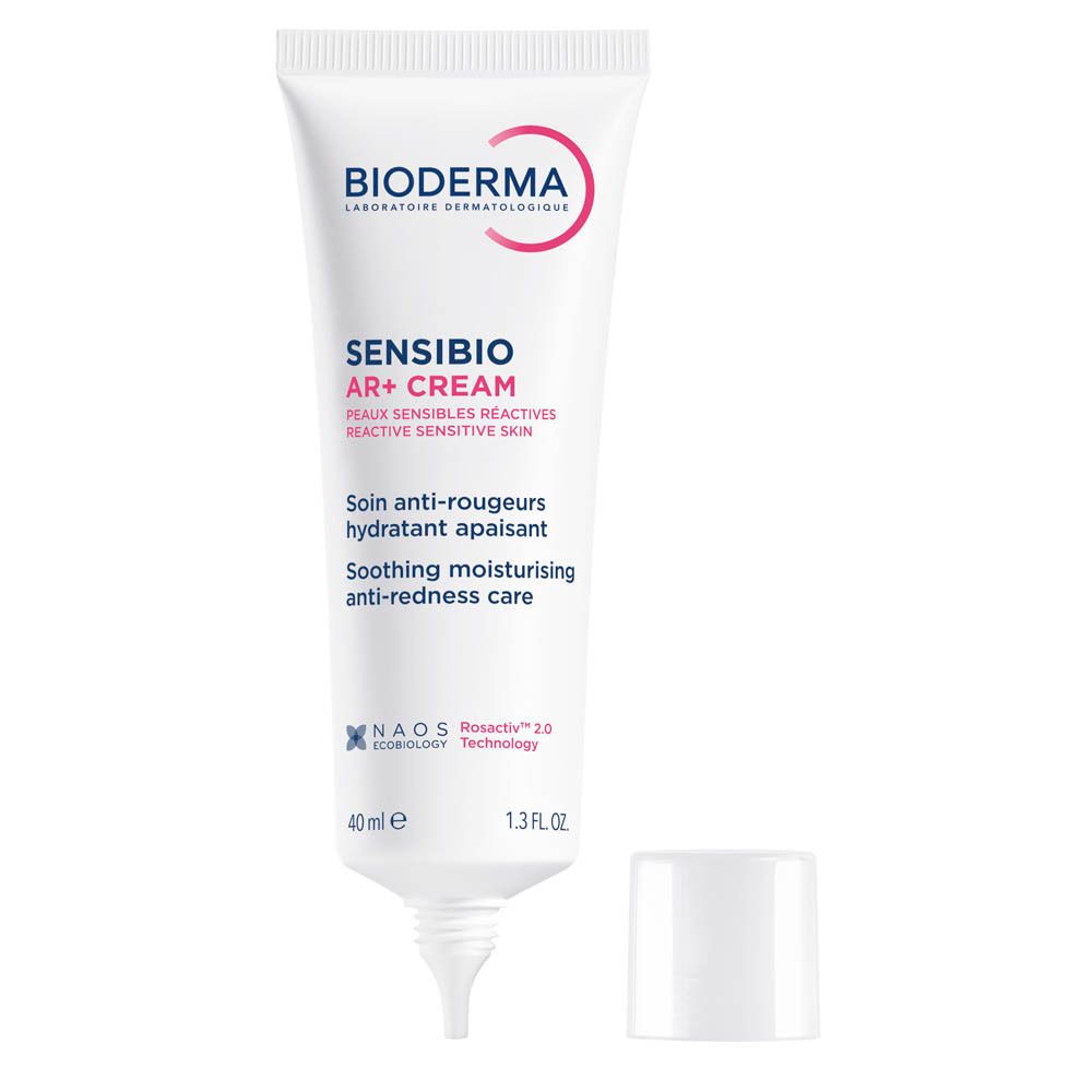 Tube de crème Bioderma Sensibio AR+ Cream. Texte en français. 40ml, 1.3 FL.OZ.
