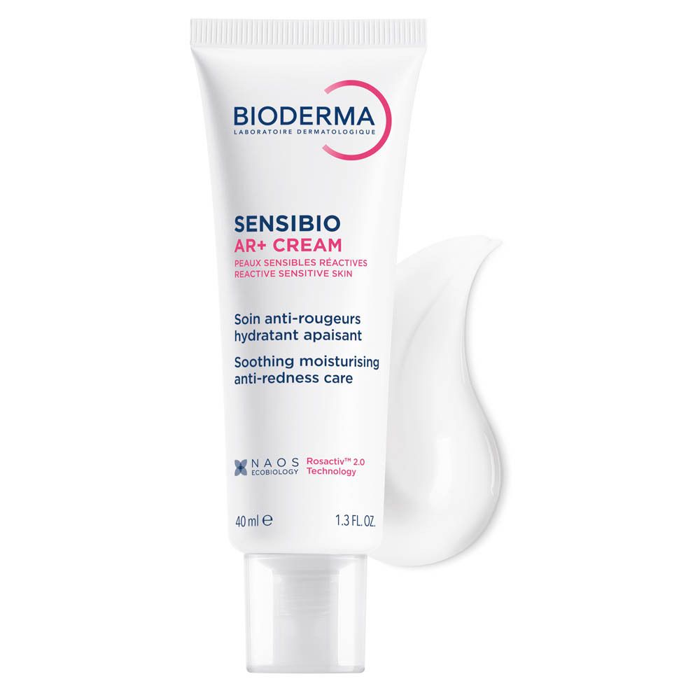 Tube de crème Bioderma Sensibio AR+ Cream. Texte en français. 40ml, 1.3 FL.OZ.