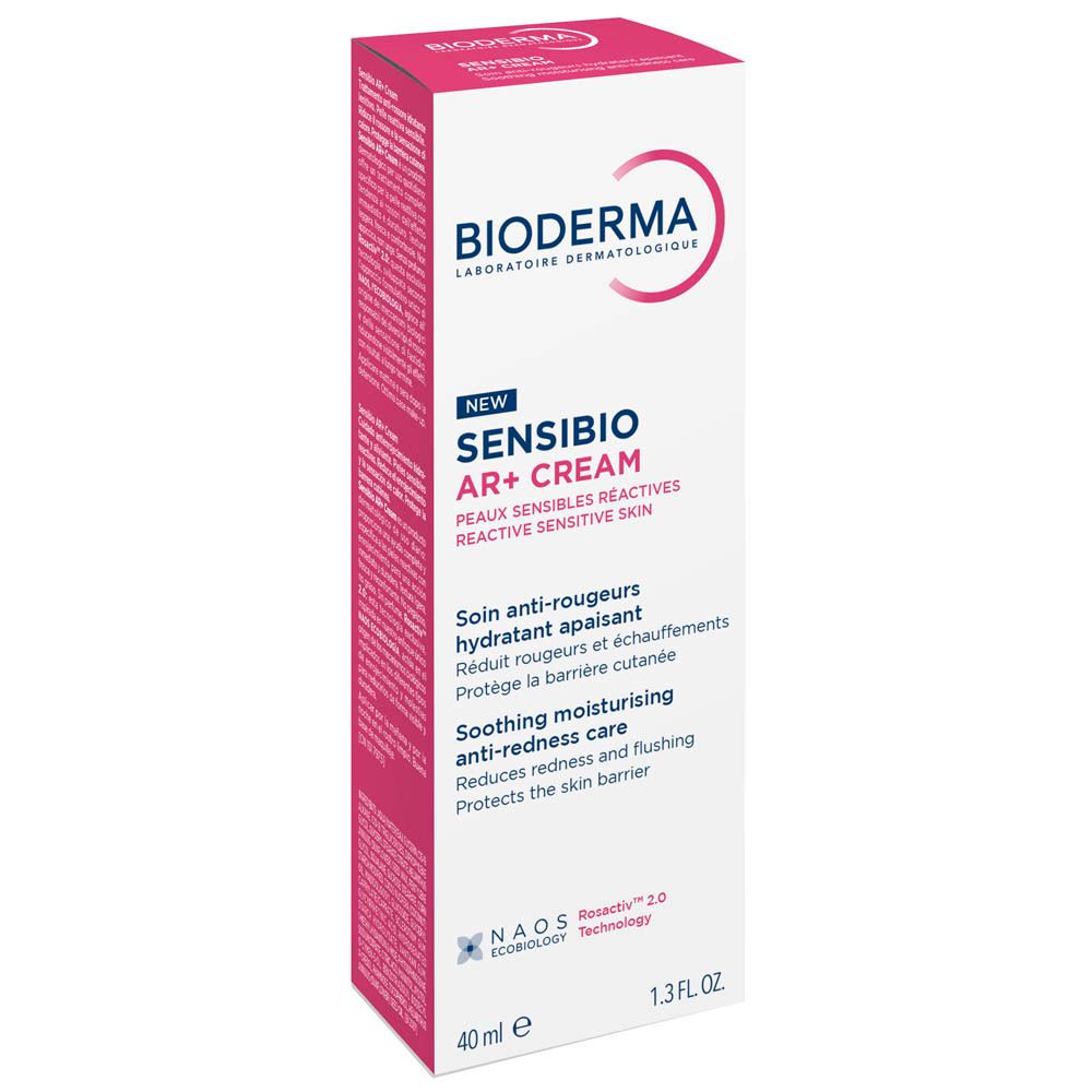 Emballage Bioderma Sensibio AR+ Cream. Texte en français. Rose et blanc.
