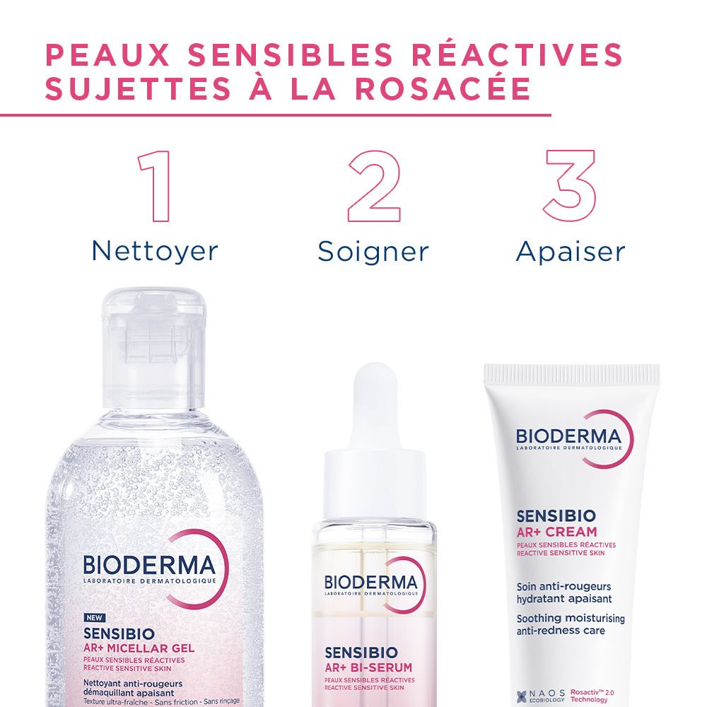 Côté de l'emballage Bioderma Sensibio AR+ Cream. Texte en allemand. Rose et blanc.