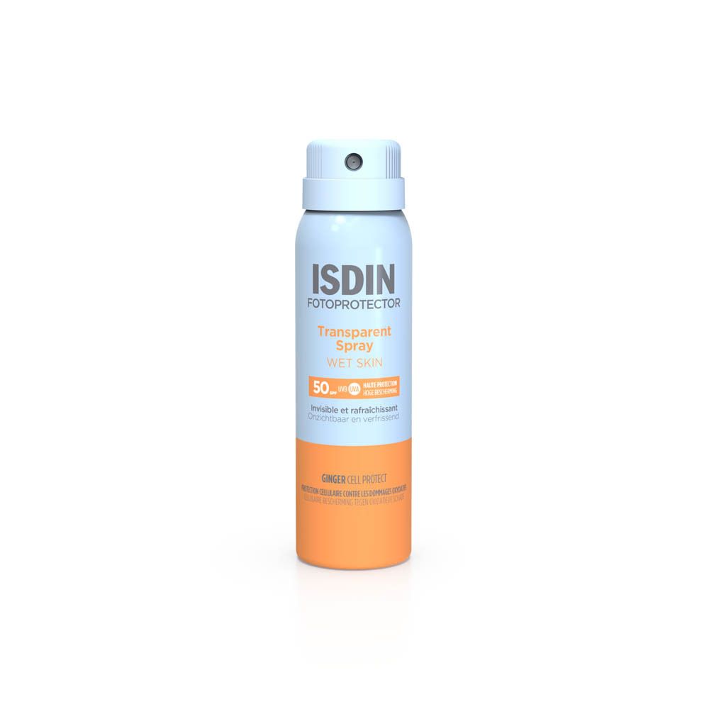 ISDIN Fotoprotector Transparent Spray Wet Skin SPF 50. Blauwe en oranje sprayfles. Productinformatie en tekst.