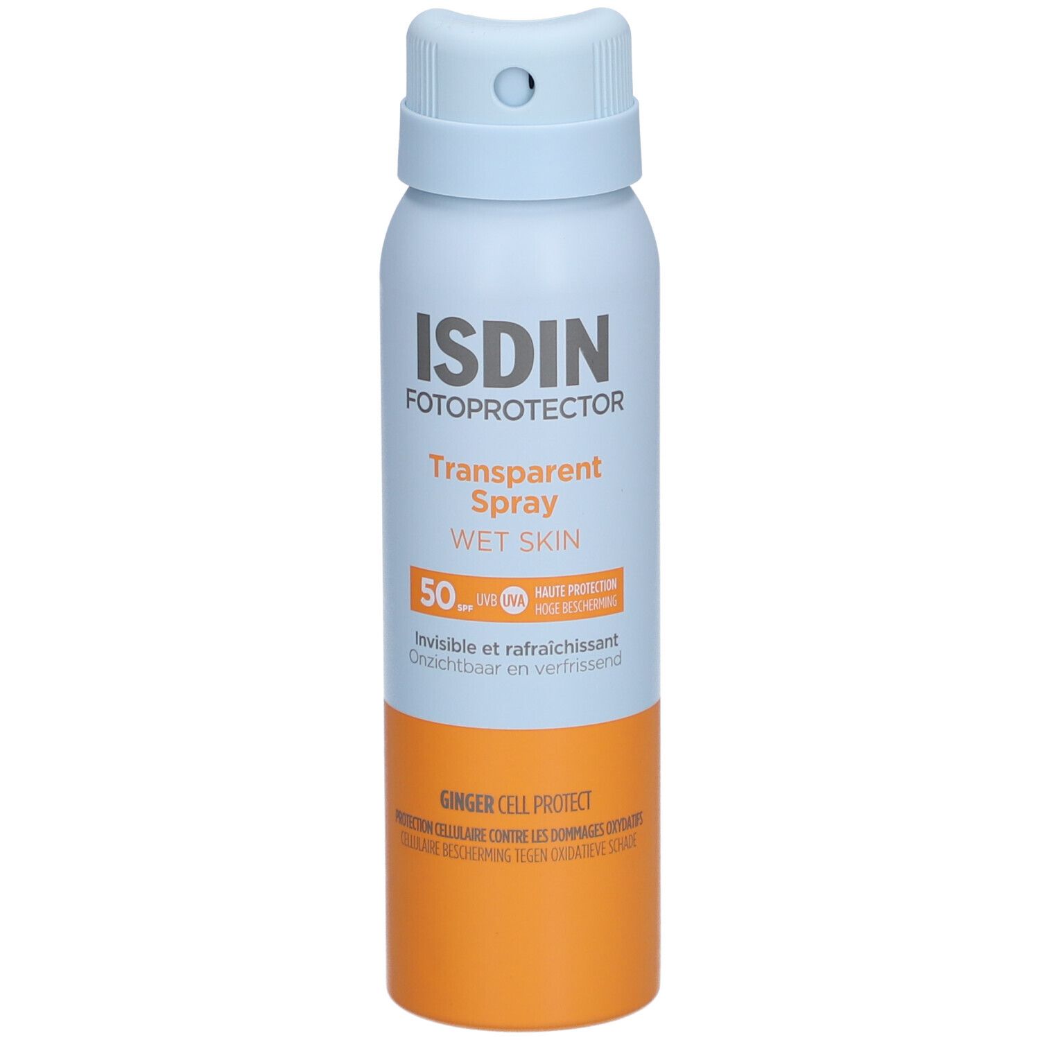 ISDIN Fotoprotector Transparent Spray Wet Skin SPF 50. Blauwe en oranje sprayfles. Productinformatie en tekst.