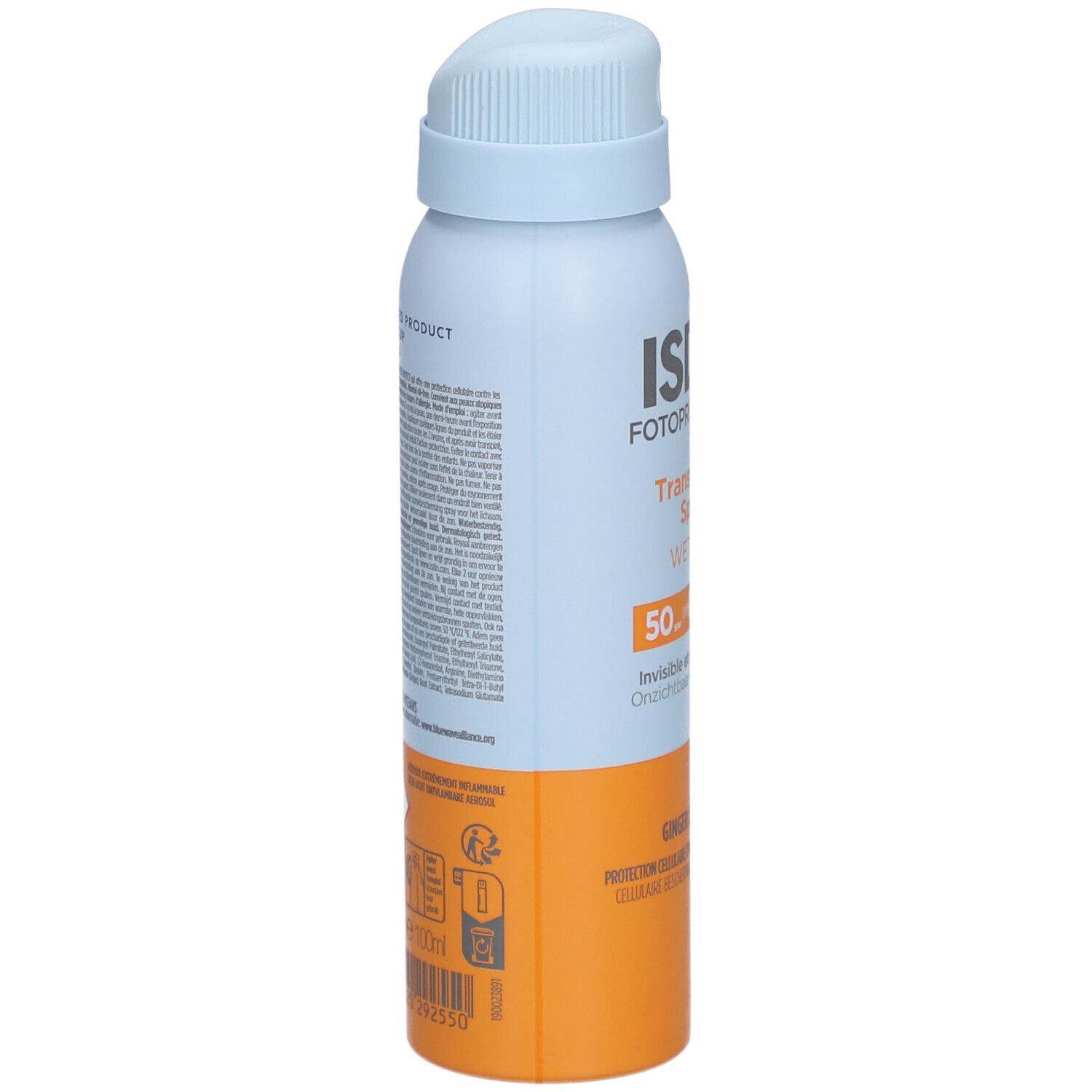 ISDIN Fotoprotector Spray. Blauwe fles met tekst en productinformatie. Oranje onderkant. Zijaanzicht.