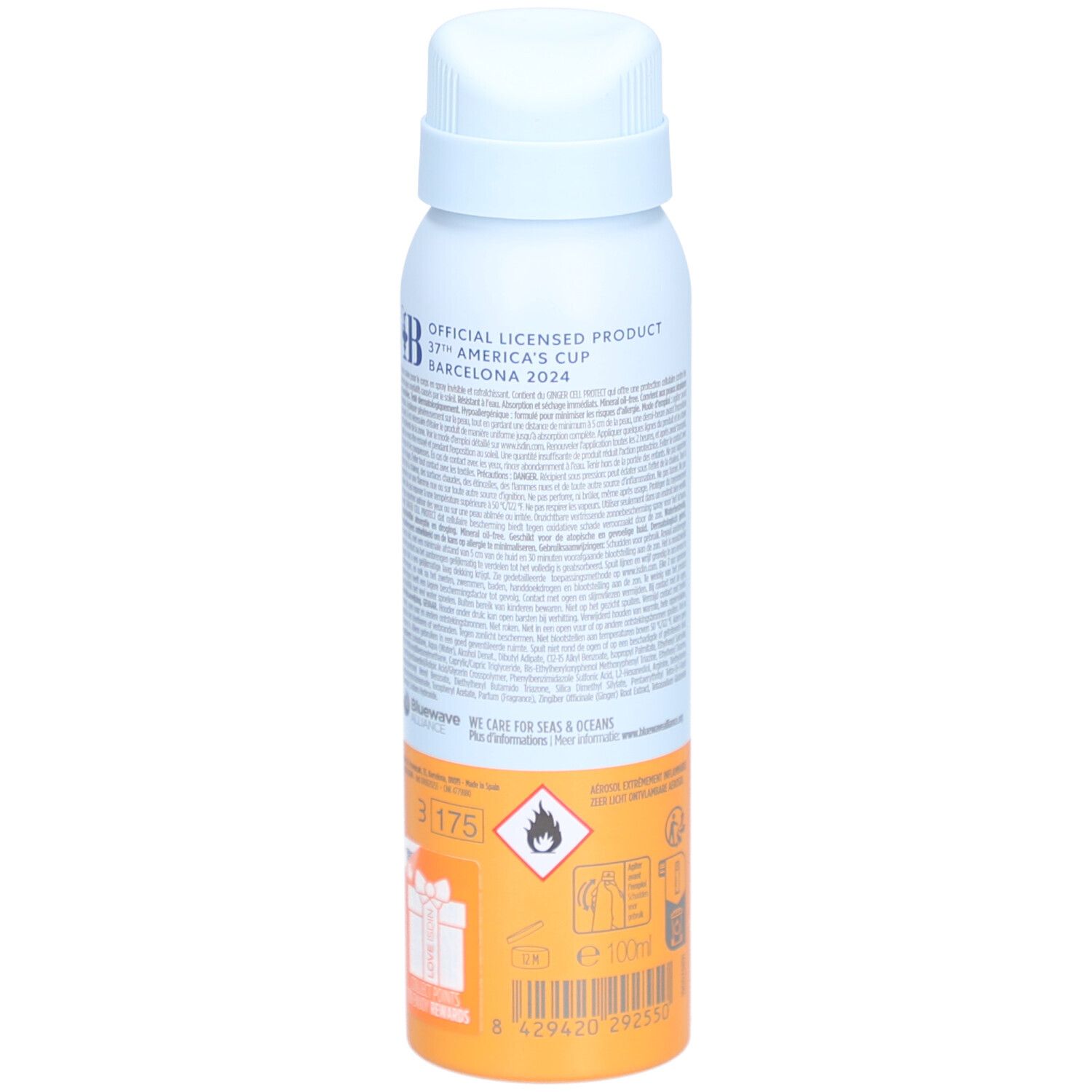 ISDIN Fotoprotector Spray. Witte fles met tekst en productinformatie. Oranje onderkant. Achteraanzicht.