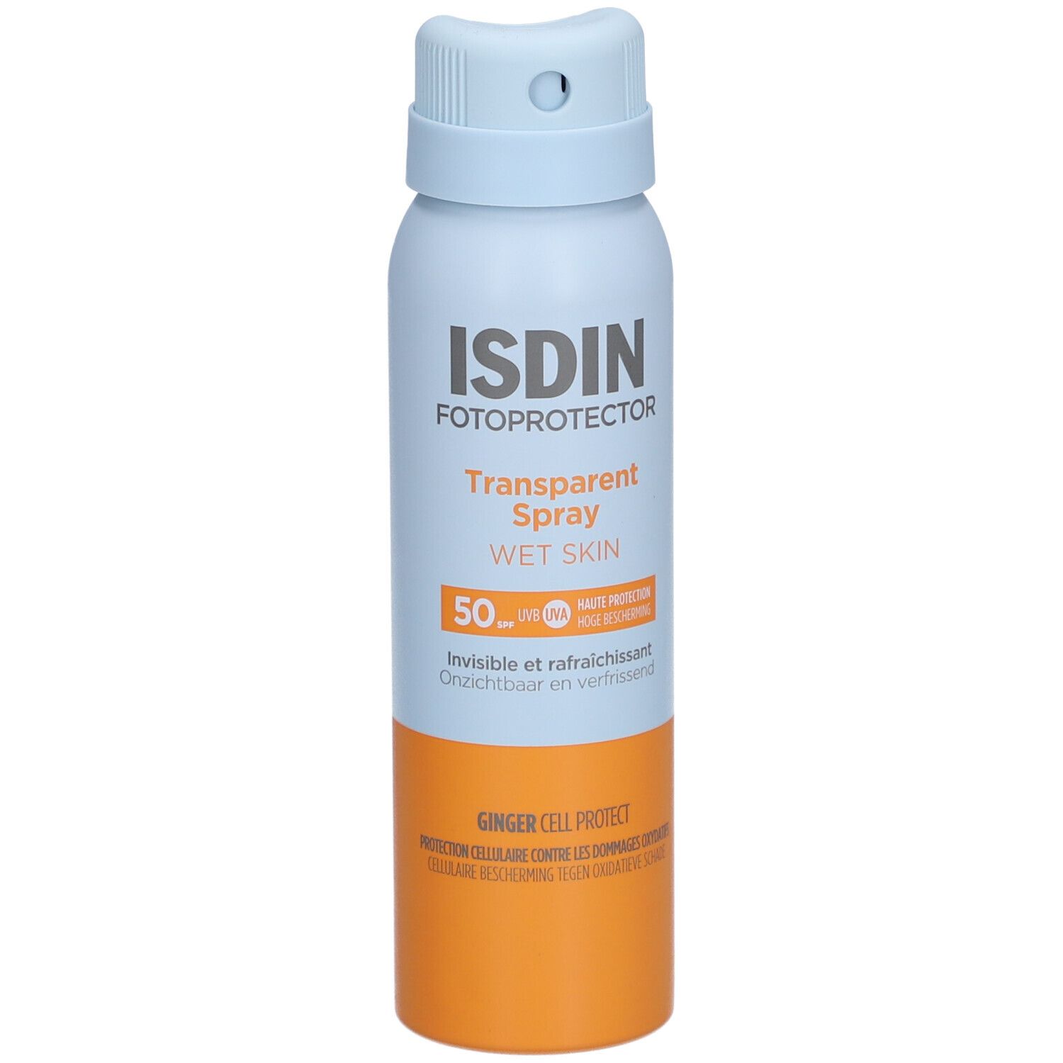 ISDIN Fotoprotector Transparent Spray Wet Skin SPF 50. Blauwe en oranje sprayfles. Productinformatie en tekst.
