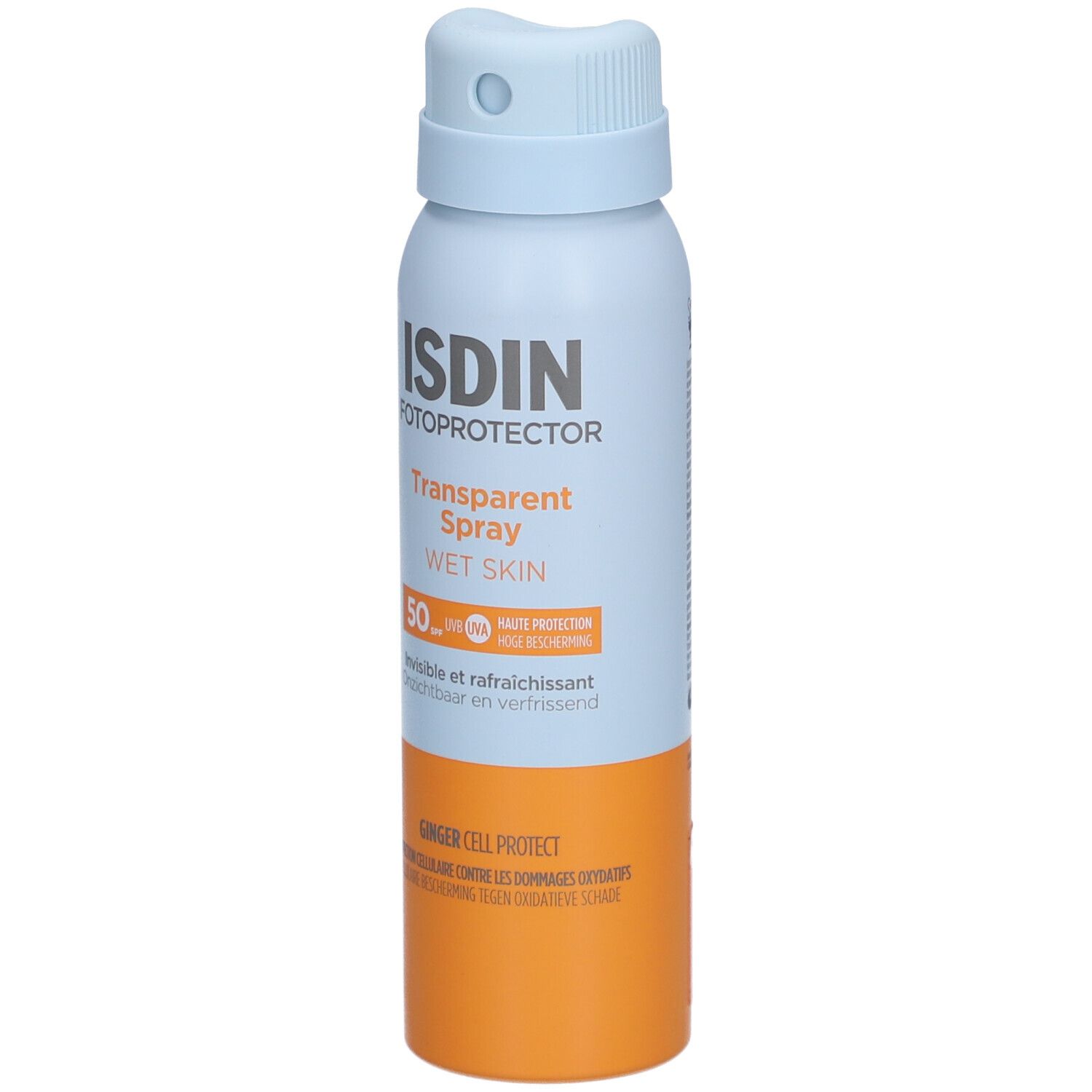 ISDIN Fotoprotector Transparent Spray Wet Skin SPF 50. Blauwe en oranje sprayfles. Productinformatie en tekst.