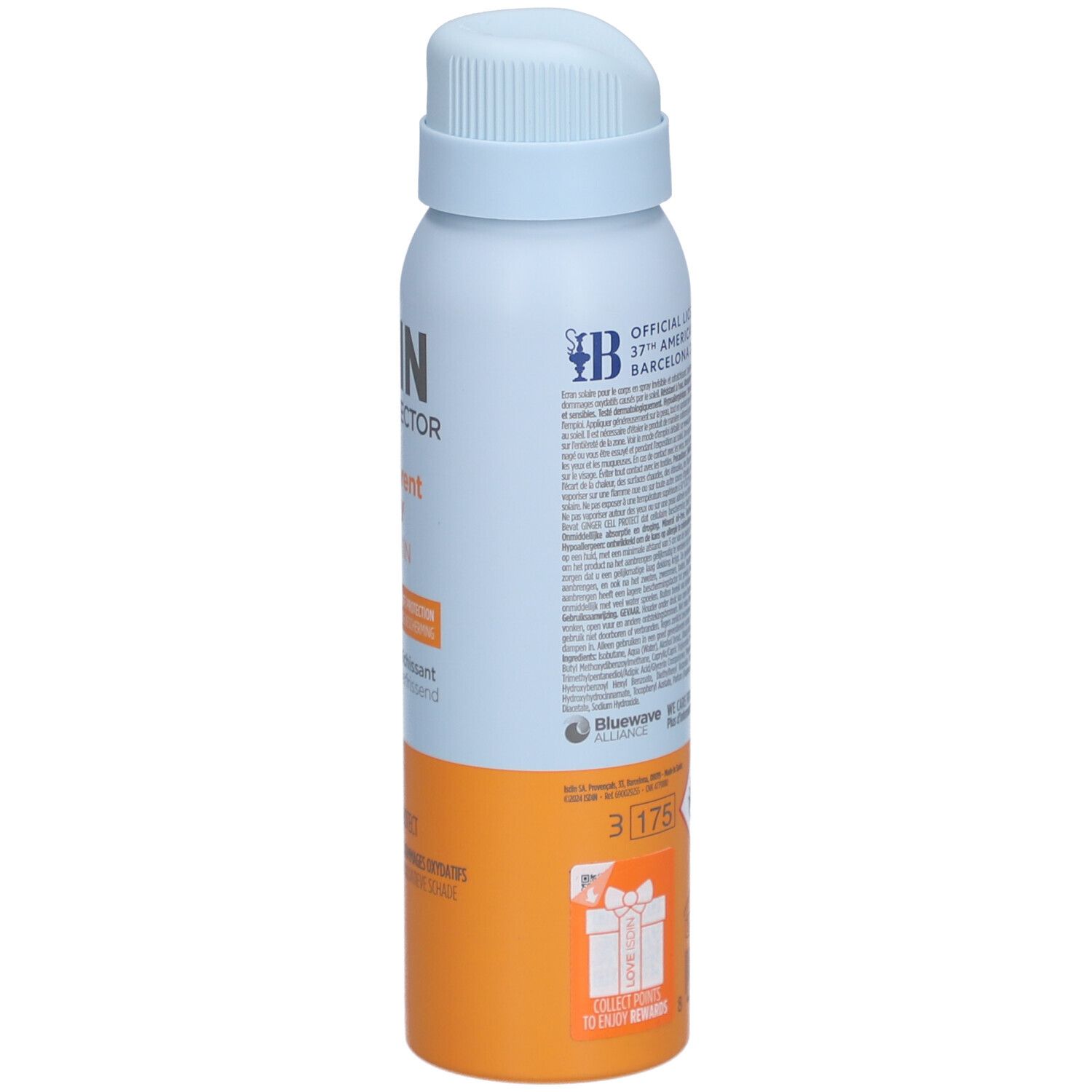 ISDIN Fotoprotector Spray. Witte fles met tekst en productinformatie. Oranje onderkant. Achteraanzicht.