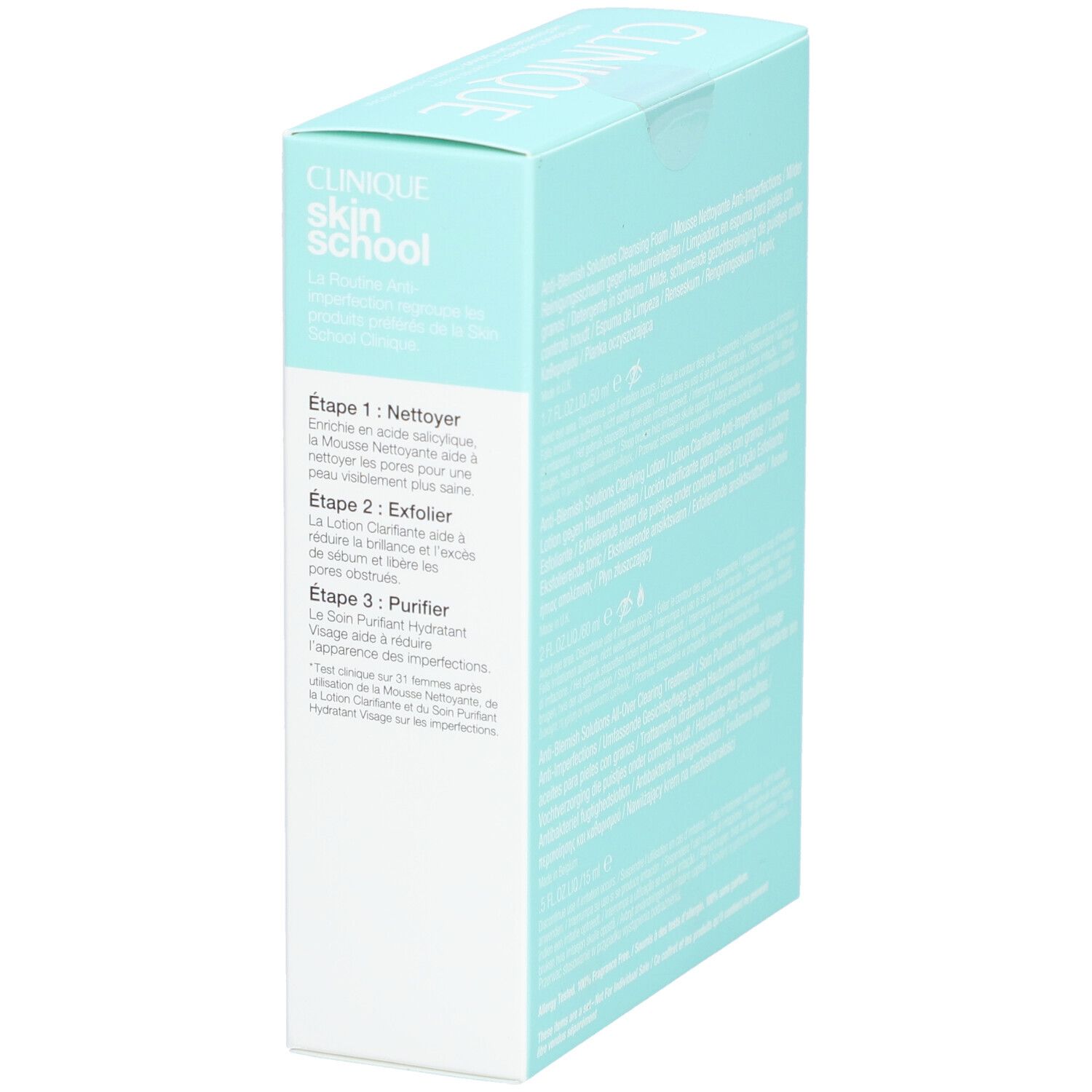 Seitenansicht der Clinique Anti-Blemish Verpackung. Produktbeschreibungen und Anweisungen. Hellblauer Karton.