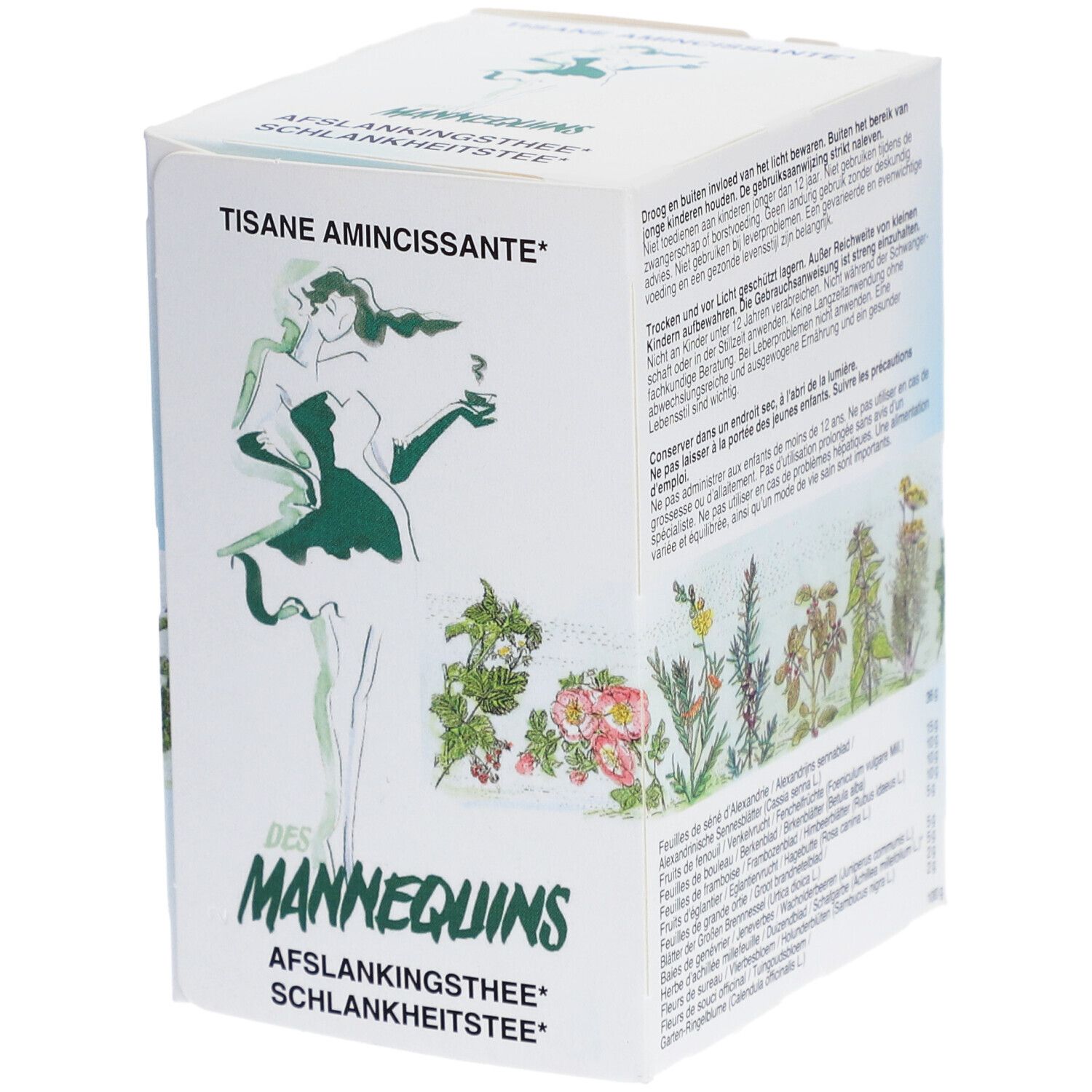 Kartonverpackung mit Aufdruck. Aufschrift "TISANE AMINCISSANTE". Illustration einer Frau. Text: "DES MANNEQUINS Aflankingsthee Schlankheitstee".