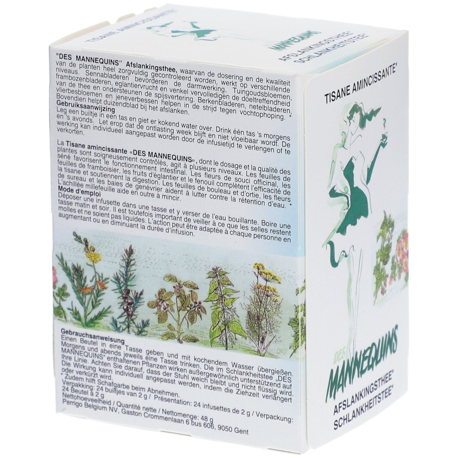 Kartonverpackung mit Text und Illustrationen. Aufschrift "TISANE AMINCISSANTE". Text: "DES MANNEQUINS Aflankingsthee Schlankheitstee".