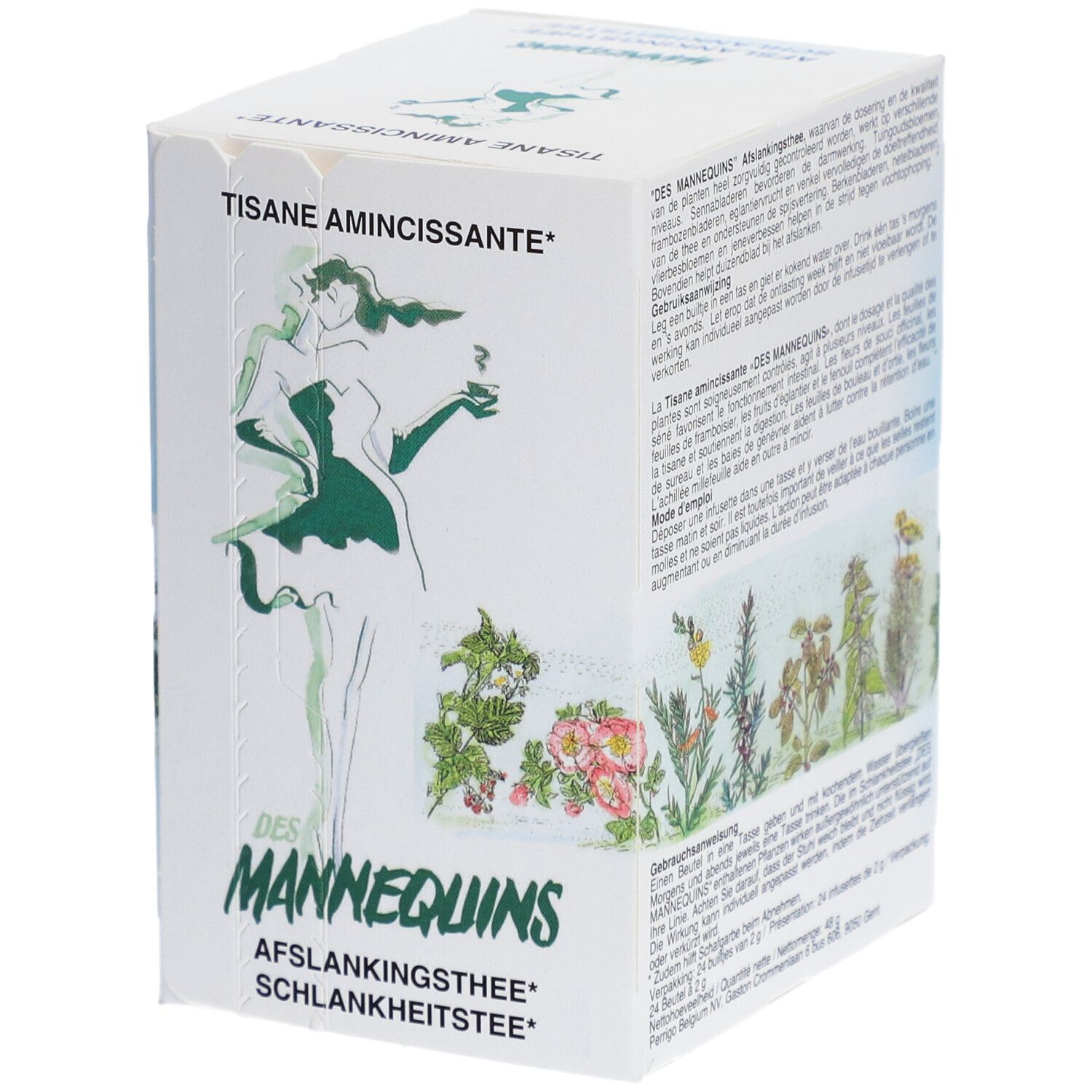 Kartonverpackung mit Text und Illustrationen. Aufschrift "TISANE AMINCISSANTE". Text: "DES MANNEQUINS Aflankingsthee Schlankheitstee".