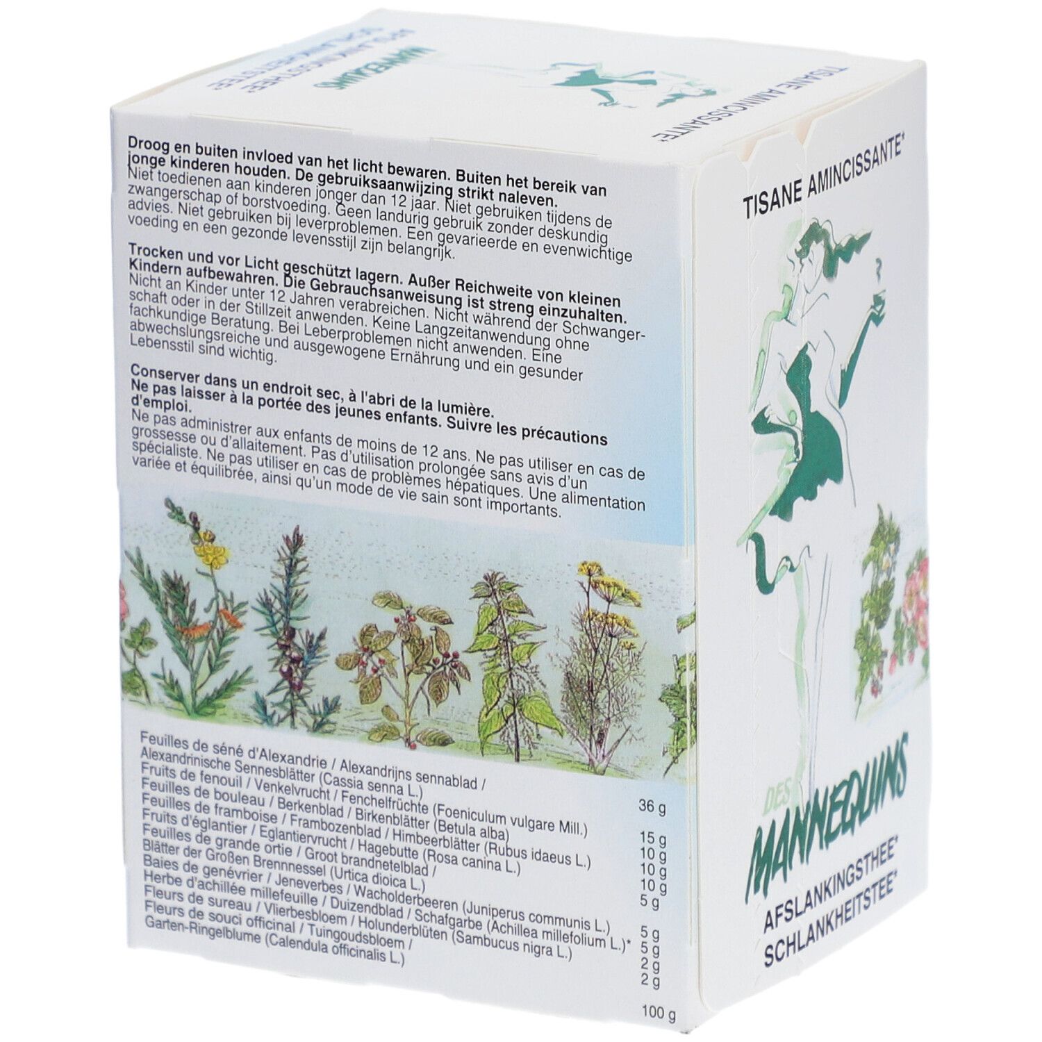 Kartonverpackung mit Text und Illustrationen. Aufschrift "TISANE AMINCISSANTE". Text: "DES MANNEQUINS Aflankingsthee Schlankheitstee".
