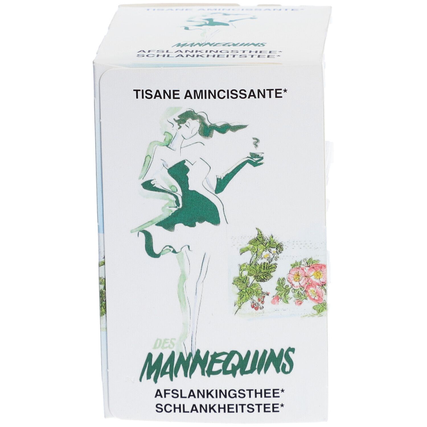 Kartonverpackung mit Aufdruck. Aufschrift "TISANE AMINCISSANTE". Illustration einer Frau. Text: "DES MANNEQUINS Aflankingsthee Schlankheitstee".