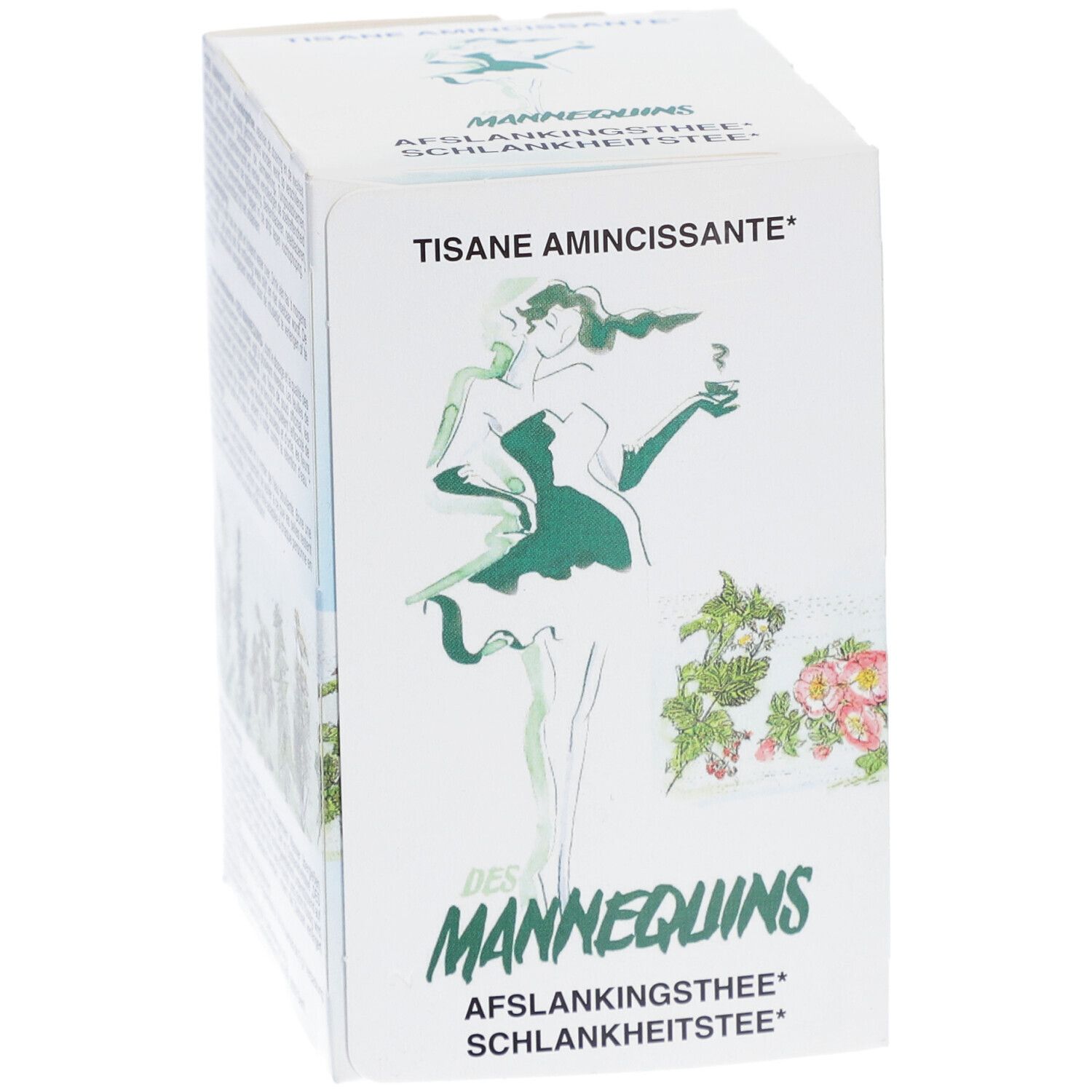 Kartonverpackung mit Aufdruck. Aufschrift "TISANE AMINCISSANTE". Illustration einer Frau. Text: "DES MANNEQUINS Aflankingsthee Schlankheitstee".