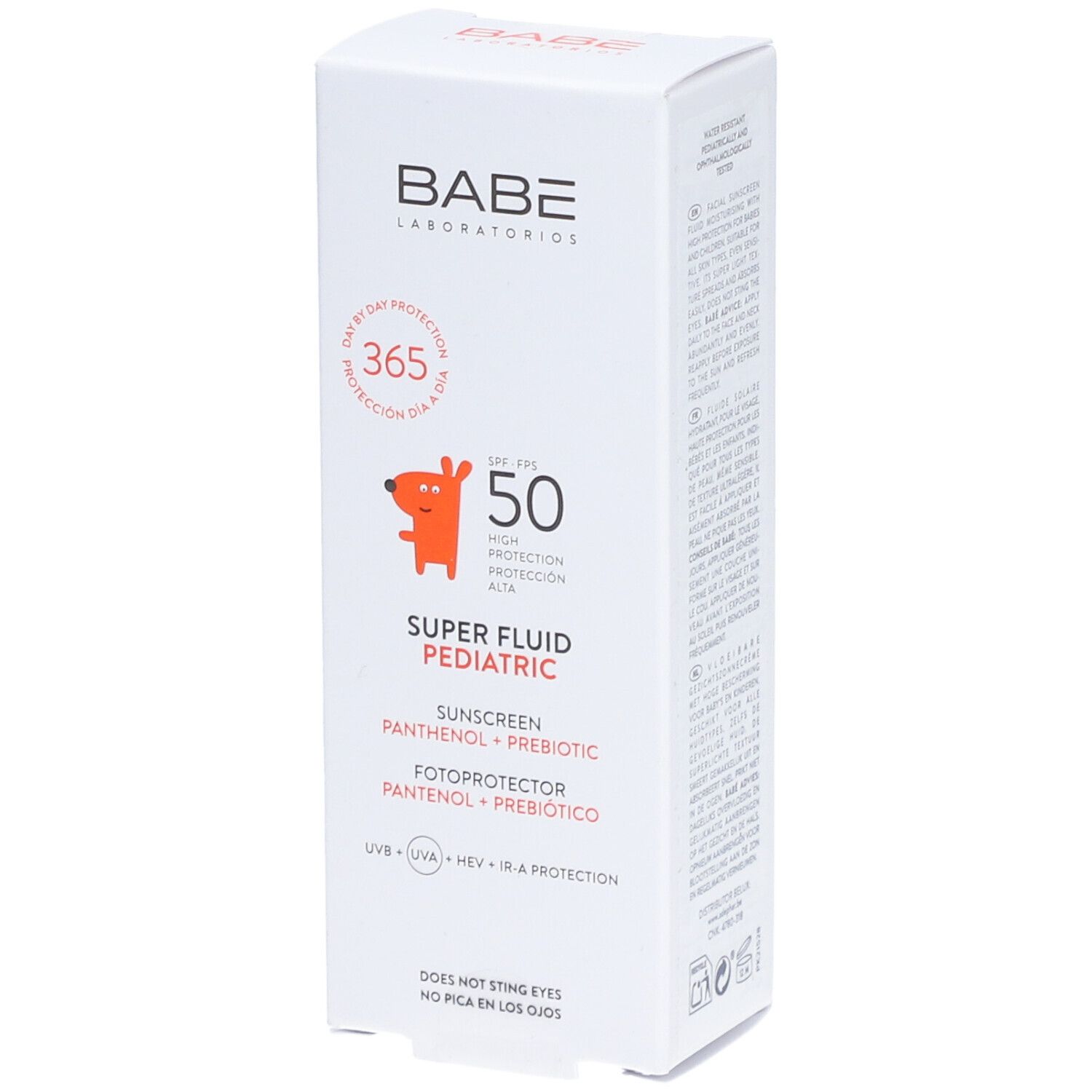 Boîte blanche BABÉ SPF 50 Super Fluid PEDIATRIC. Protection solaire pour enfants. Contient Panthenol et Prébiotique.