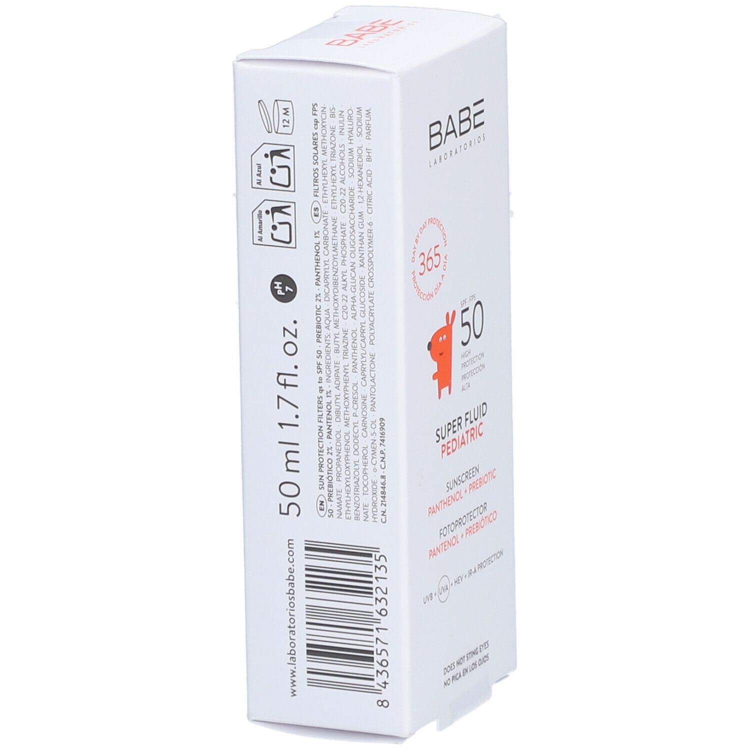 Boîte blanche BABÉ SPF 50 Super Fluid PEDIATRIC. Protection solaire pour enfants. Contient 50 ml.