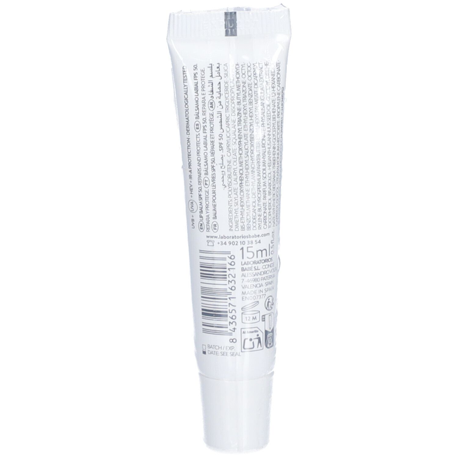 Dos d'un tube de baume à lèvres blanc. Texte multilingue, code-barres, 15ml, logo BABÉ.