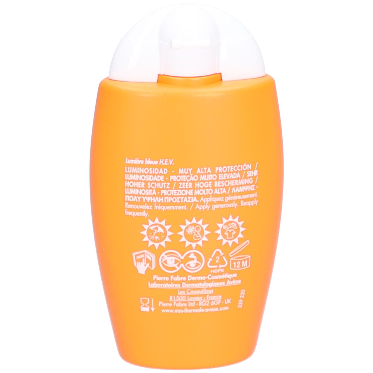 Rückseite der orangefarbenen Flasche. Text: Informationen und Piktogramme. 12M-Symbol.