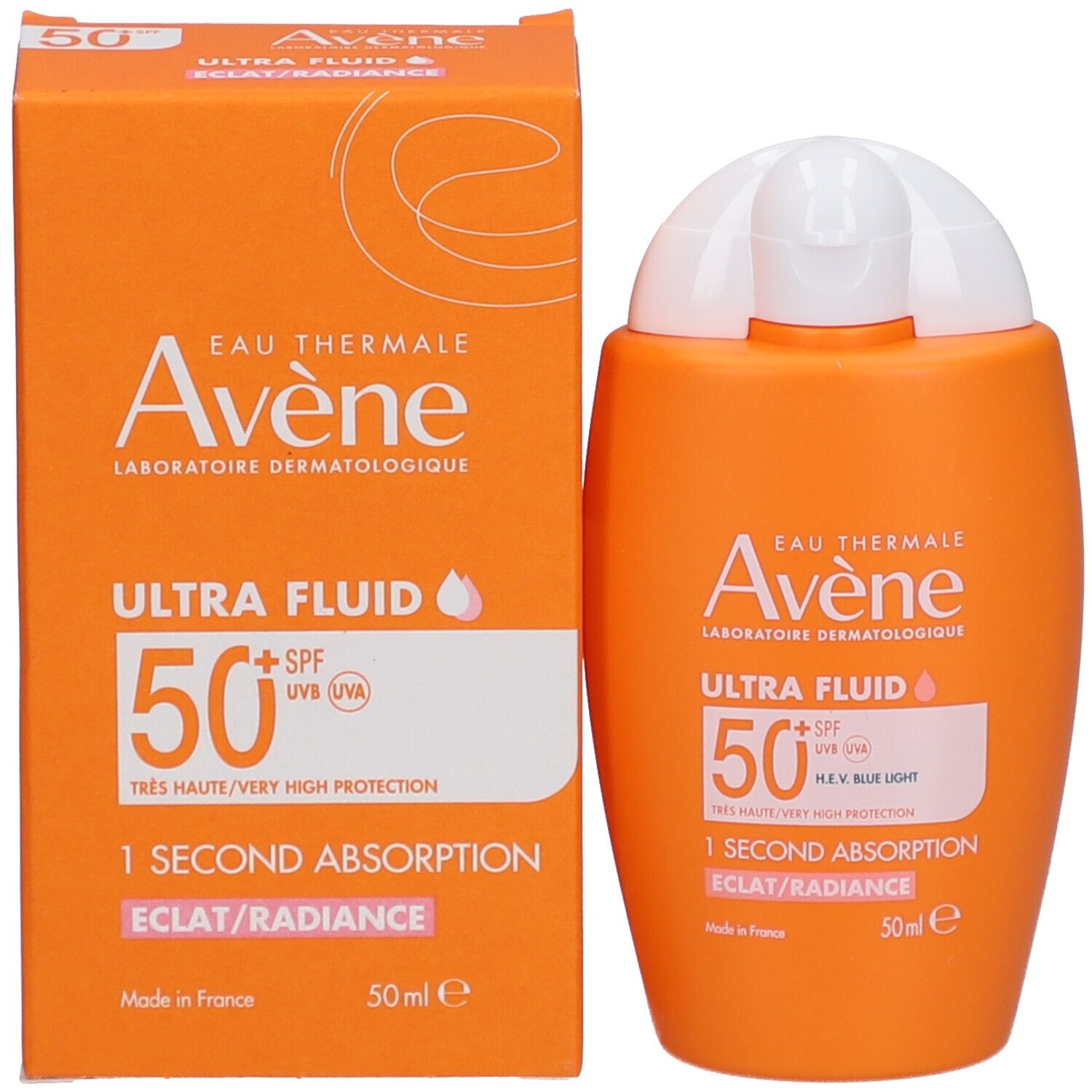 Produkt und Verpackung. Orangefarbene Schachtel und Flasche. Text: Avène, Ultra Fluid 50+ SPF, 50 ml.