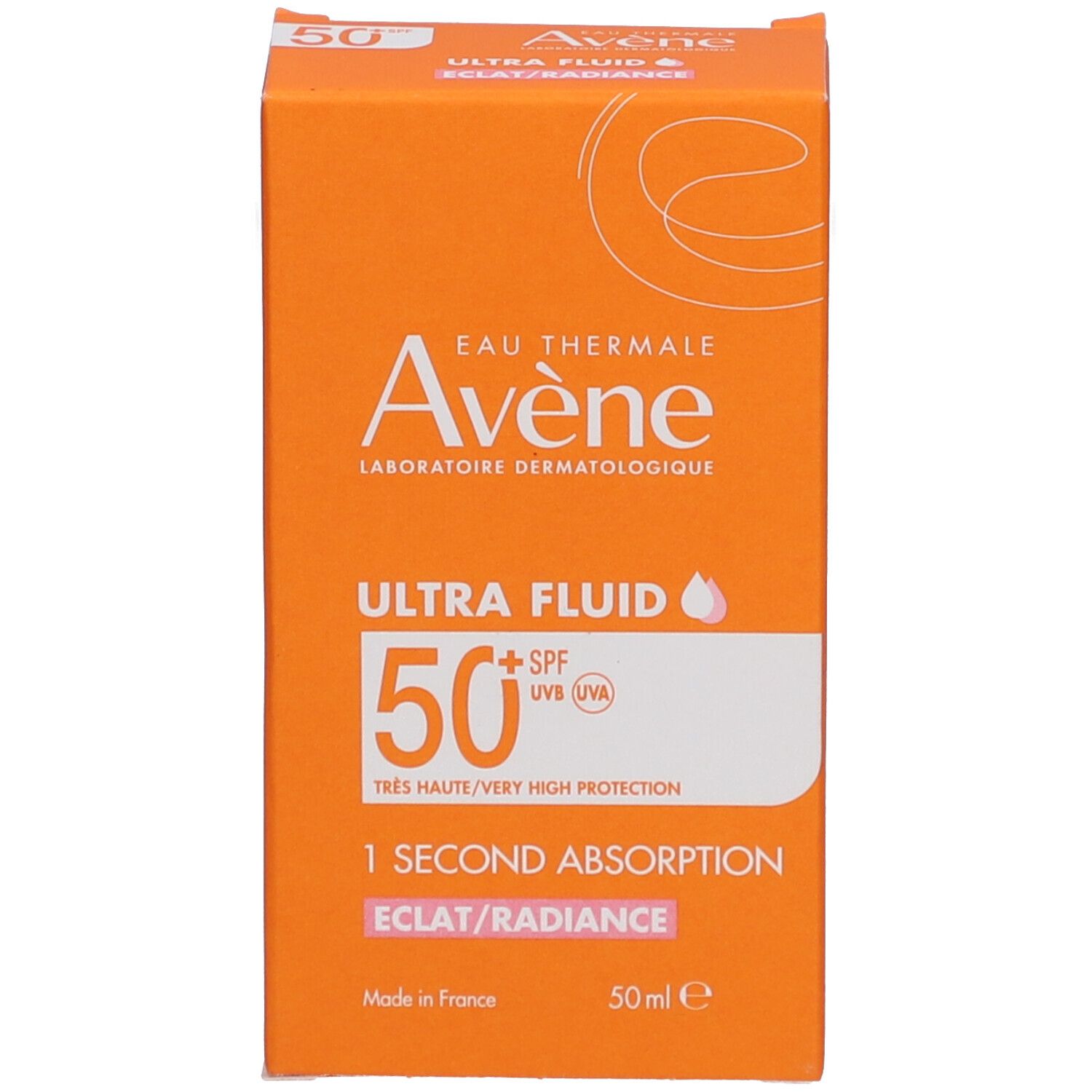 Orangefarbene Schachtel. Text: Avène, Ultra Fluid 50+ SPF, 50 ml. Hinweise auf Französisch.