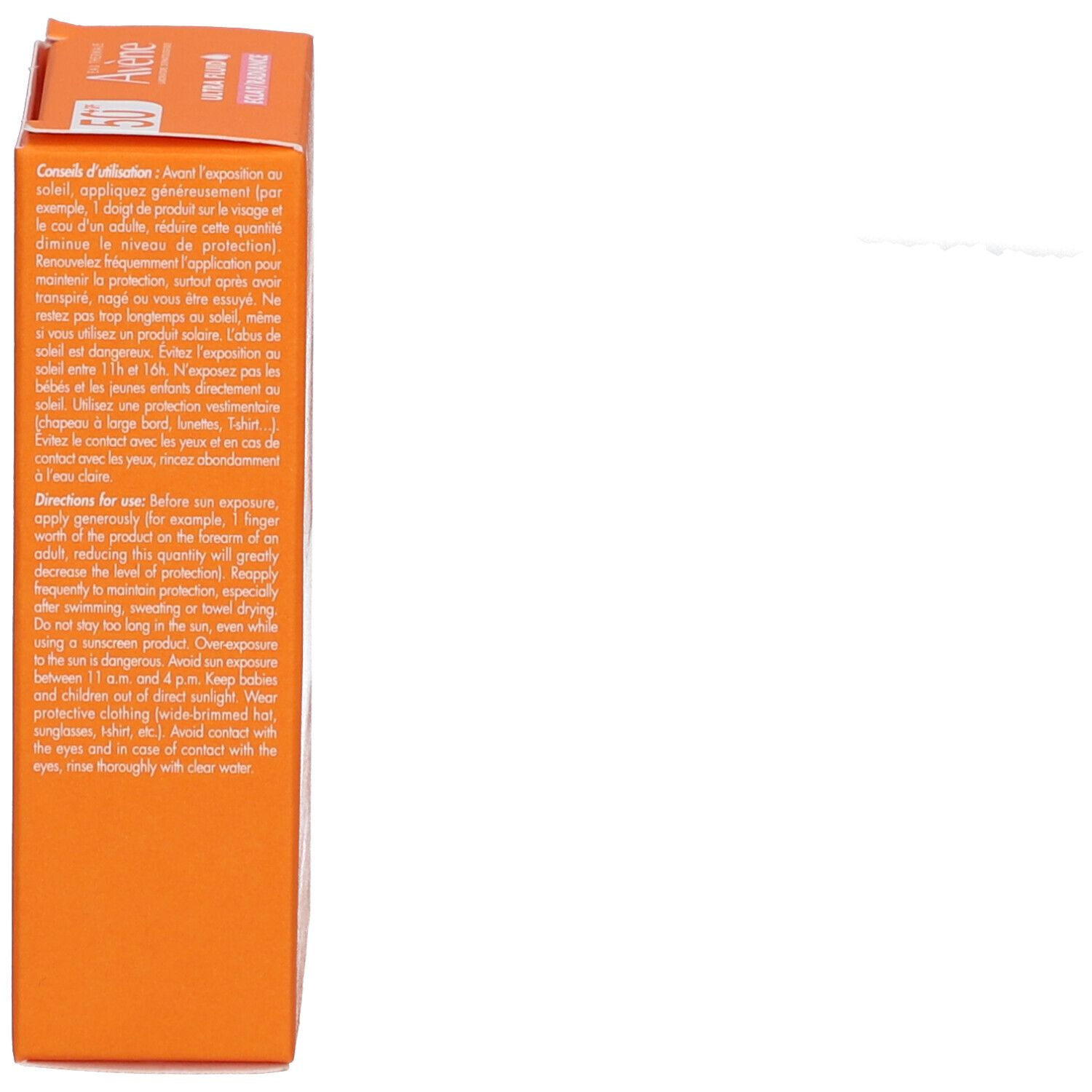 Seite der orangefarbenen Schachtel. Text: Hinweise auf Französisch. Inhaltsstoffe.