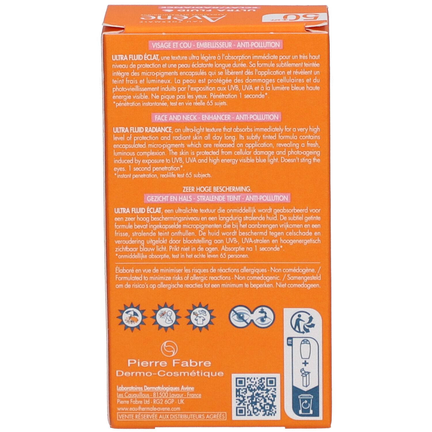 Produkt und Verpackung. Orangefarbene Flasche und Schachtel. Text: Avène, Ultra Fluid 50+ SPF, 50 ml.