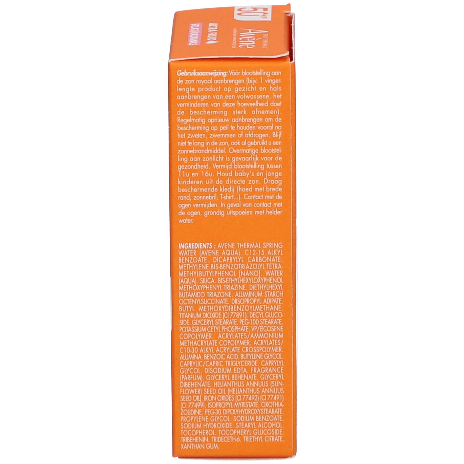 Rückseite der orangefarbenen Flasche. Text: Informationen und Piktogramme. 12M-Symbol.