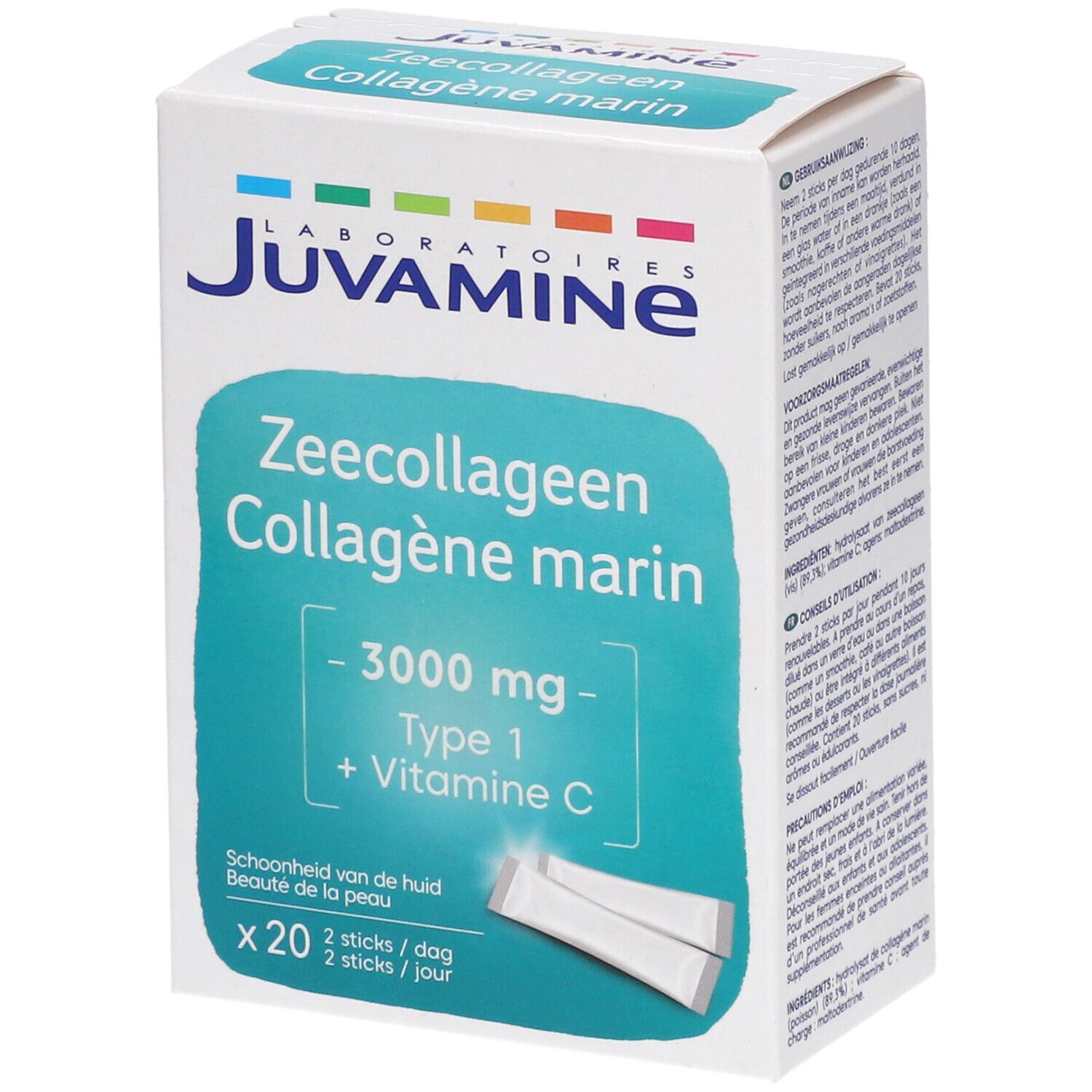 Boîte de Juvamine Collagène marin. Contient 20 sticks. Inscription : 3000 mg, Type 1 + Vitamine C. Fond turquoise.